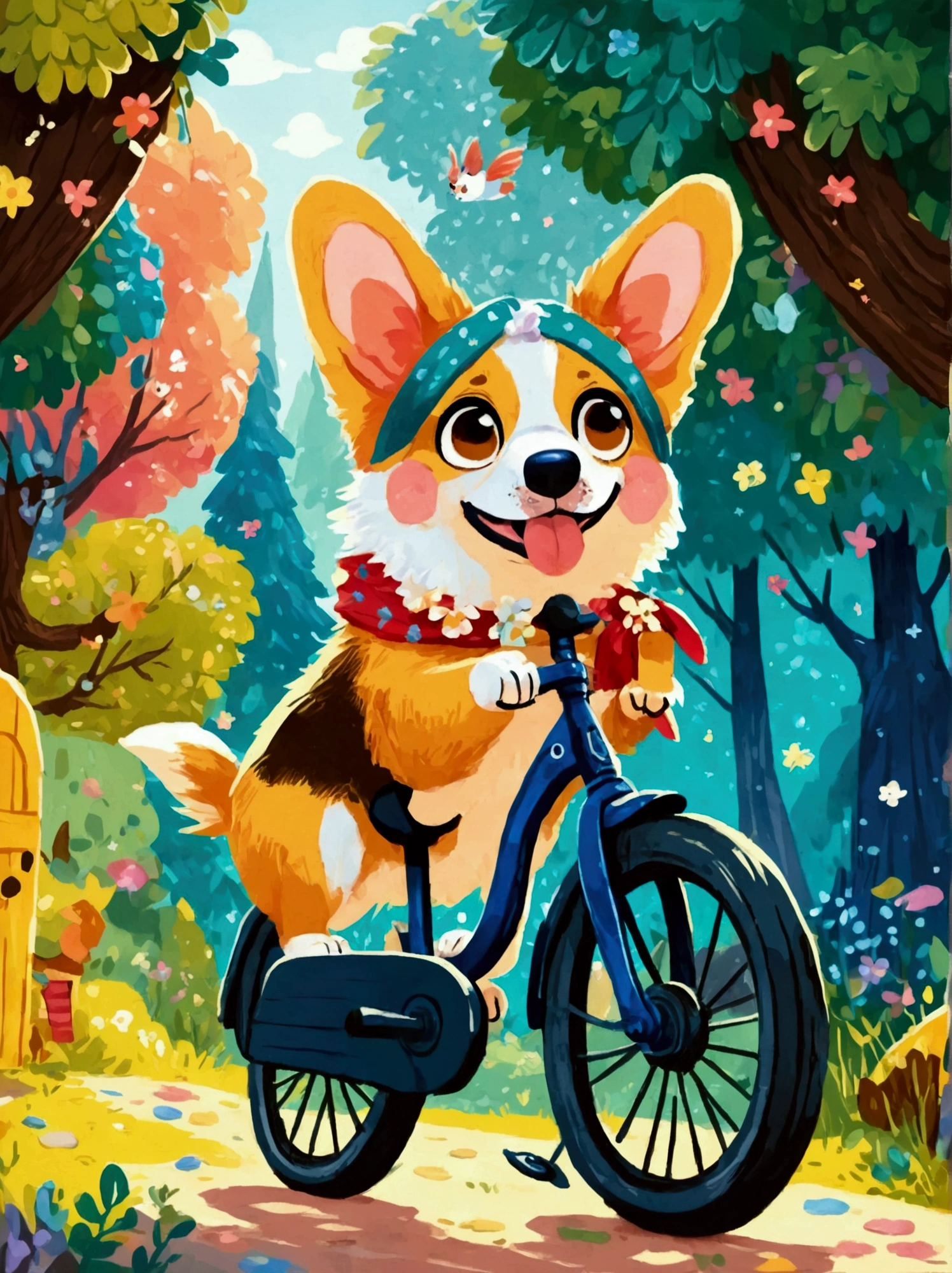 (((Acrylic painting,Hand drawn in pencil,Children's Picture Book,8k,Bright colors,Bright,Ultra high saturation,RGB color))),Imagine a cute little corgi,The front paws rest lightly on the small pedals of the bicycle,Curiosity and expectation flash in the eyes,Although the size of the little Corgi is not suitable for riding a bicycle,But this does not prevent it from imitating human movements,Try turning the pedals,Every time its little feet gently sway,It makes people laugh,maybe,This is just a puppy's fantasy game,Puppy learning to ride a bike,Not only a fun show,It is also an exploration of the infinite possibilities of life.