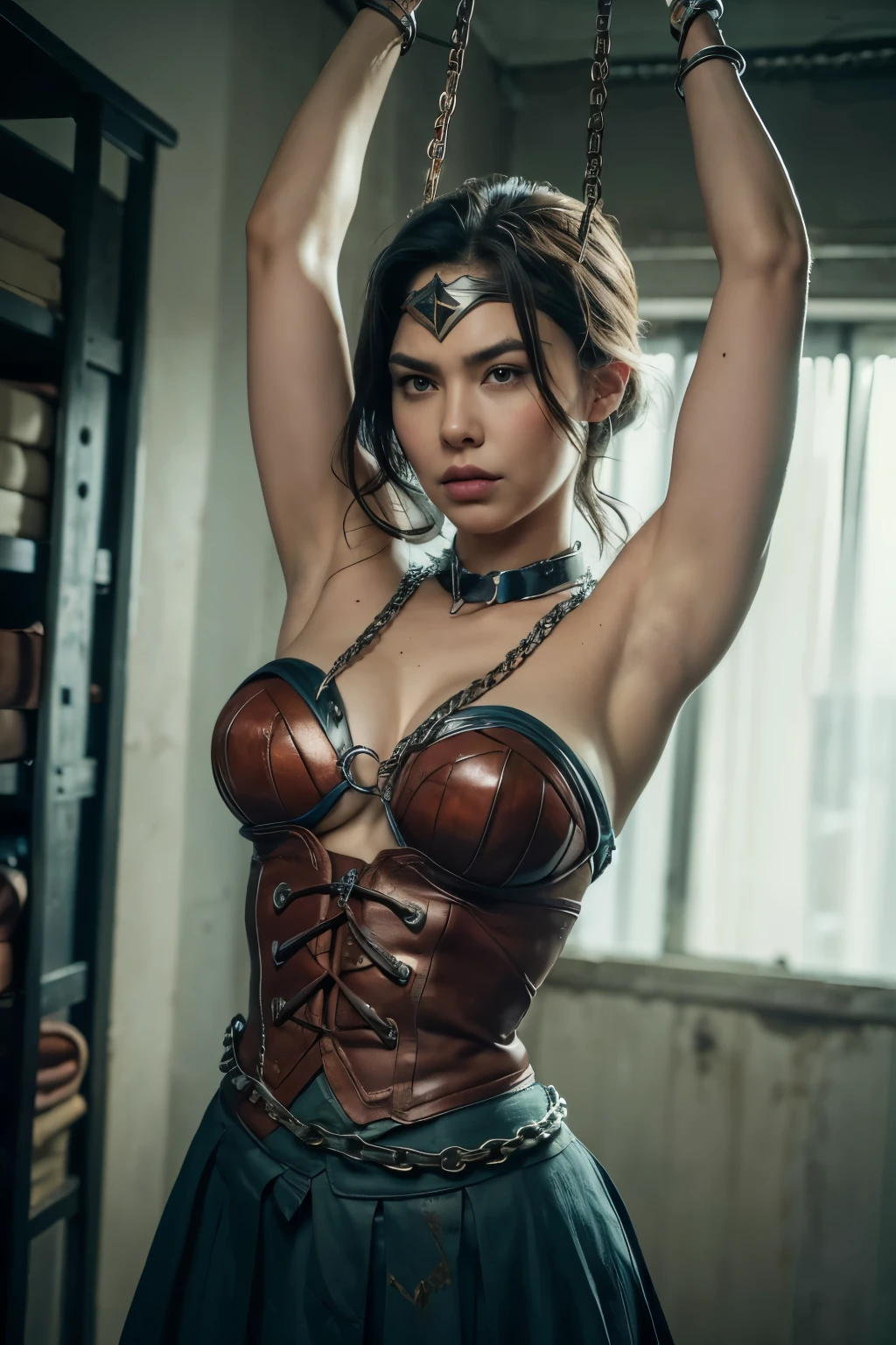 1girl, beautiful girl, wonder woman, rise eyebrows, (((shackles)), ((shackles and arms down, chain leads, metal collar, wrists tied)), bondage, slavery, restraint, (basemend wall backgroun, dirty, dark, creepy), best quality, masterpiece, arms up, comic style,  angry, hanging, fondled by men, muscle armpit