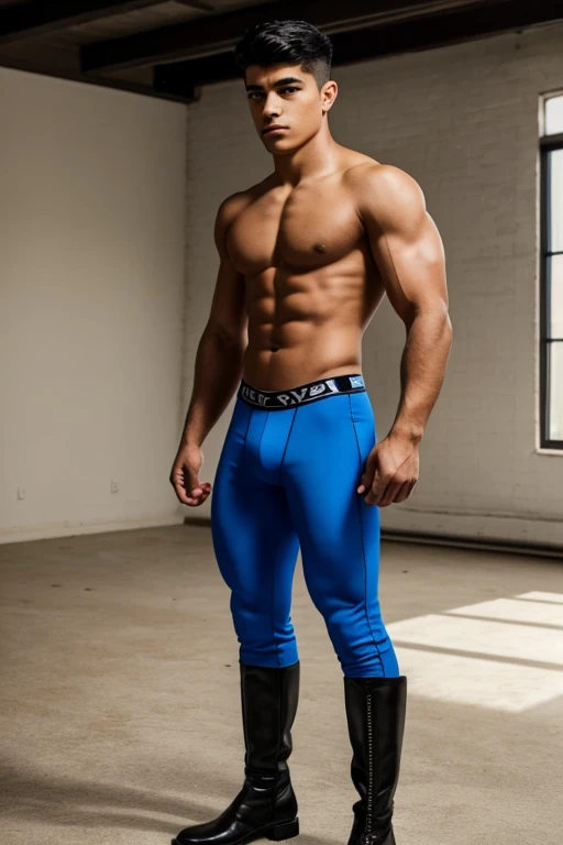 A handsome young Latino man, , shirtless, military haircut, black hair, brown eyes, intense look, affiliated features, no facial hair, height 1.80, weight 65 kilos, aesthetic build, dressed in blue lycra pants, black riding boots, full body, posing like a professional wrestler, showing off his biceps, in an empty room, of an apartment