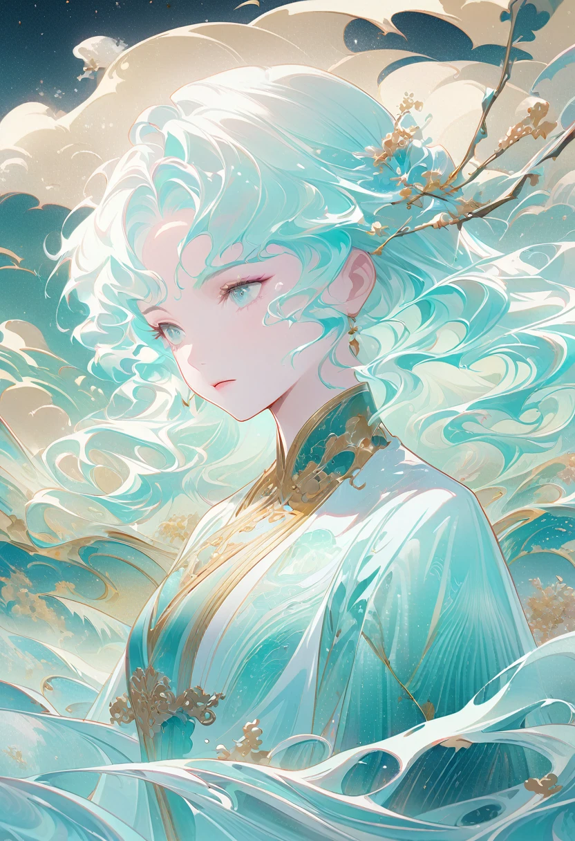 chinese painting nature illustration, in the style of ethereal dreamscapes, gold and aquamarine, layered imagery with subtle irony, historical illustrations, futuristic chromatic waves, light teal and white, precise, detailed paintings