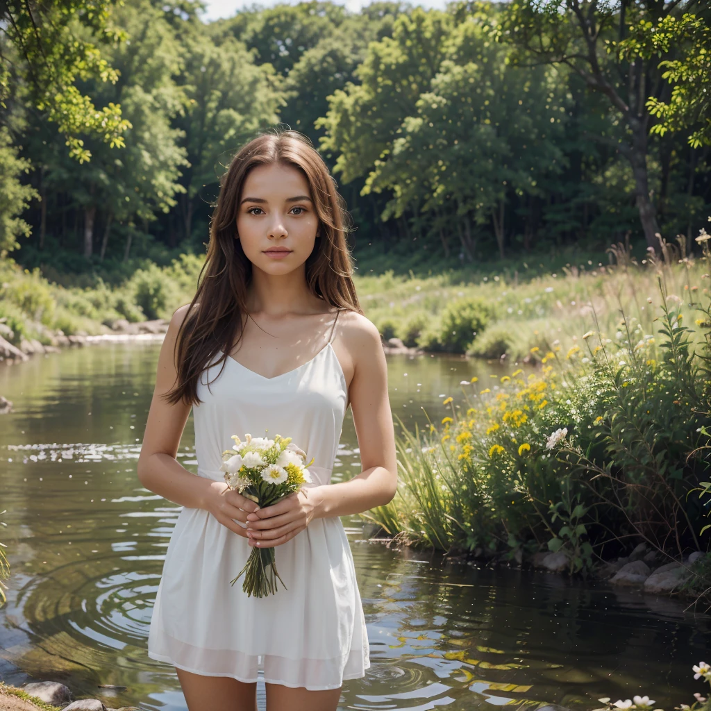 Create a hyper-realistic image of a picturesque nature scene with a long-distance shot. The main subject is a charming young girl with long, flowing brown hair, dressed in a delicate pink dress that blends harmoniously with the surroundings. She is standing in a meadow of vibrant wildflowers, with a serene river flowing gently nearby. The backdrop features rolling hills covered with lush, green grass and scattered trees. The sky is clear with a warm, golden sunset casting a beautiful glow over the entire scene. The girl is gently holding a butterfly that has landed on her hand, adding a touch of whimsy. Ensure the scene captures the tranquil beauty and harmony of nature. Details:

Highlight the detailed features of the girl, her dress, and the surrounding nature.
Ensure the river, wildflowers, trees, and sky are depicted with stunning clarity and realism.
Capture the essence of a peaceful, magical moment in nature.
Image Quality:

Ultra High Quality
8k resolution
Hyperrealistic details
Sharp focus
Vivid colors
Depth of field