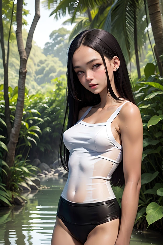 (masterpiece), (high quality:1.2), (best quality:1.2), slim and thin , a young girl, long hair, 18yo, slim skin , wearing (( Bustier)), swimming in the river, jungle, trees everywhere, noontime, daylight, natural lighting, Feminine face
Holding his chest
Medium-sized breast
Feminine body
160cm