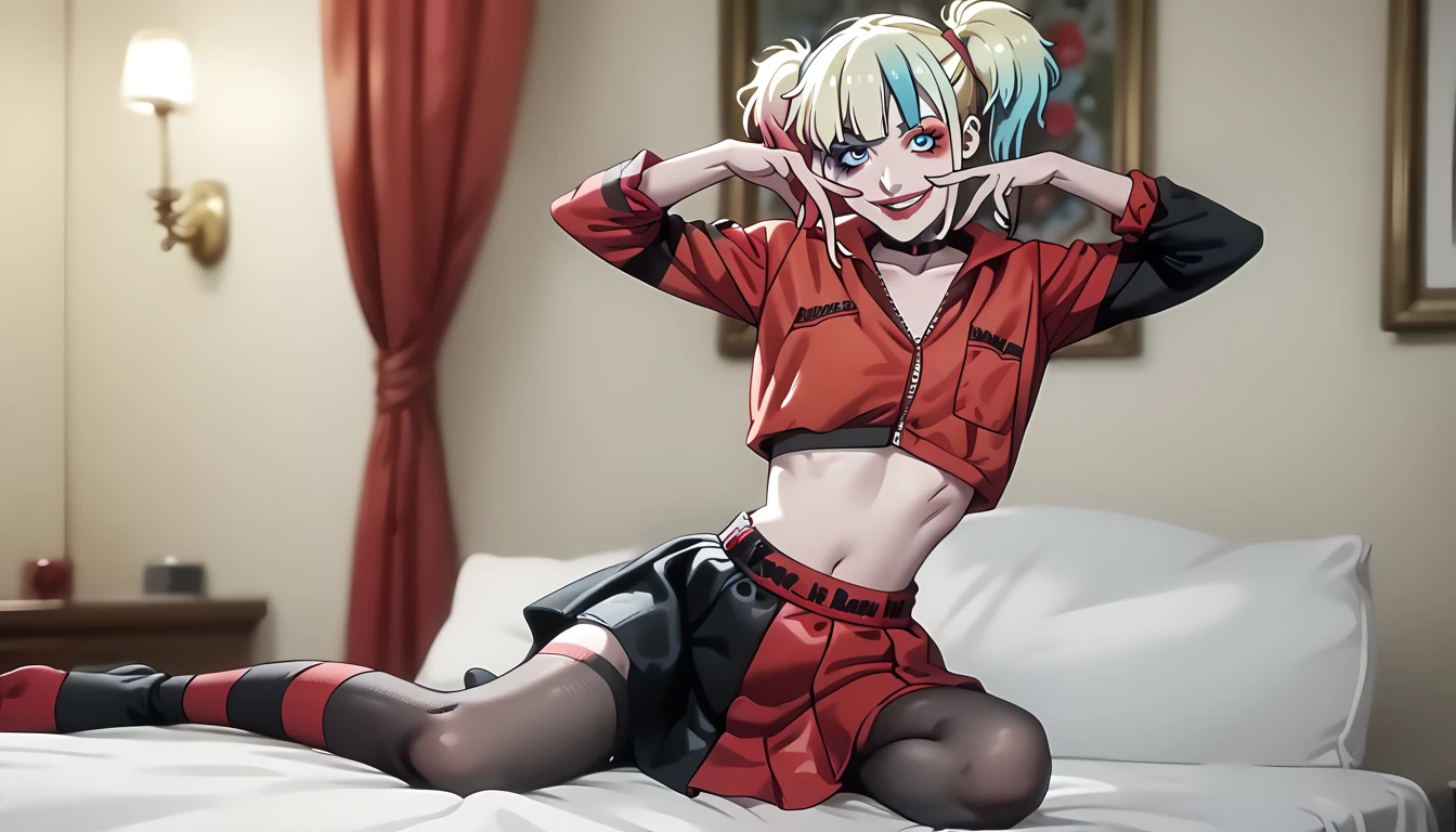 Beautiful legs in stockings,beautiful figure and body,smile,beautiful pose,sexy,different poses,Harley in anime style,Beautiful face,Beautiful hands,beautiful waist,sexy Harley Quinn,skirt