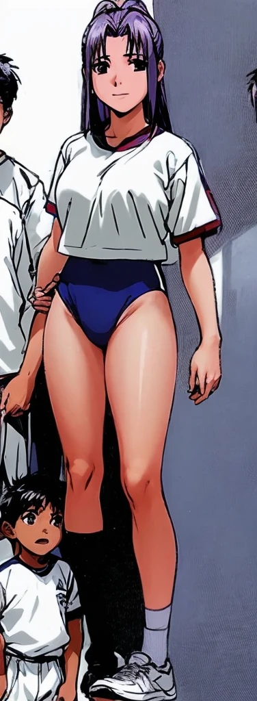 Momoko Koigakubo, a tall girl with beautiful legs, is standing with a smile on her face in a white gym uniform and light navy blue bloomers that look like panties.。Momoko Koigakubo is holding a young boy wearing a tracksuit。