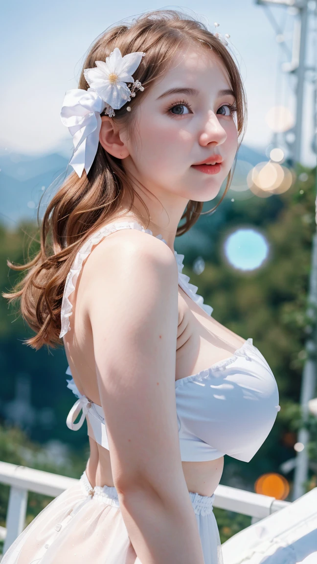 1 Girl, Beautiful, Russian Baby Face, 25 Years Old, White Skin, Large Colossal Breast, Sleeveless, Cleavage, White Outfit, Top of The Mountain Background, ((wind:1.3)), Kissing, ((bokeh:1.3)), Perfect Body Anatomy, ((adorable:1.1)), ((masterpiece:1.1))