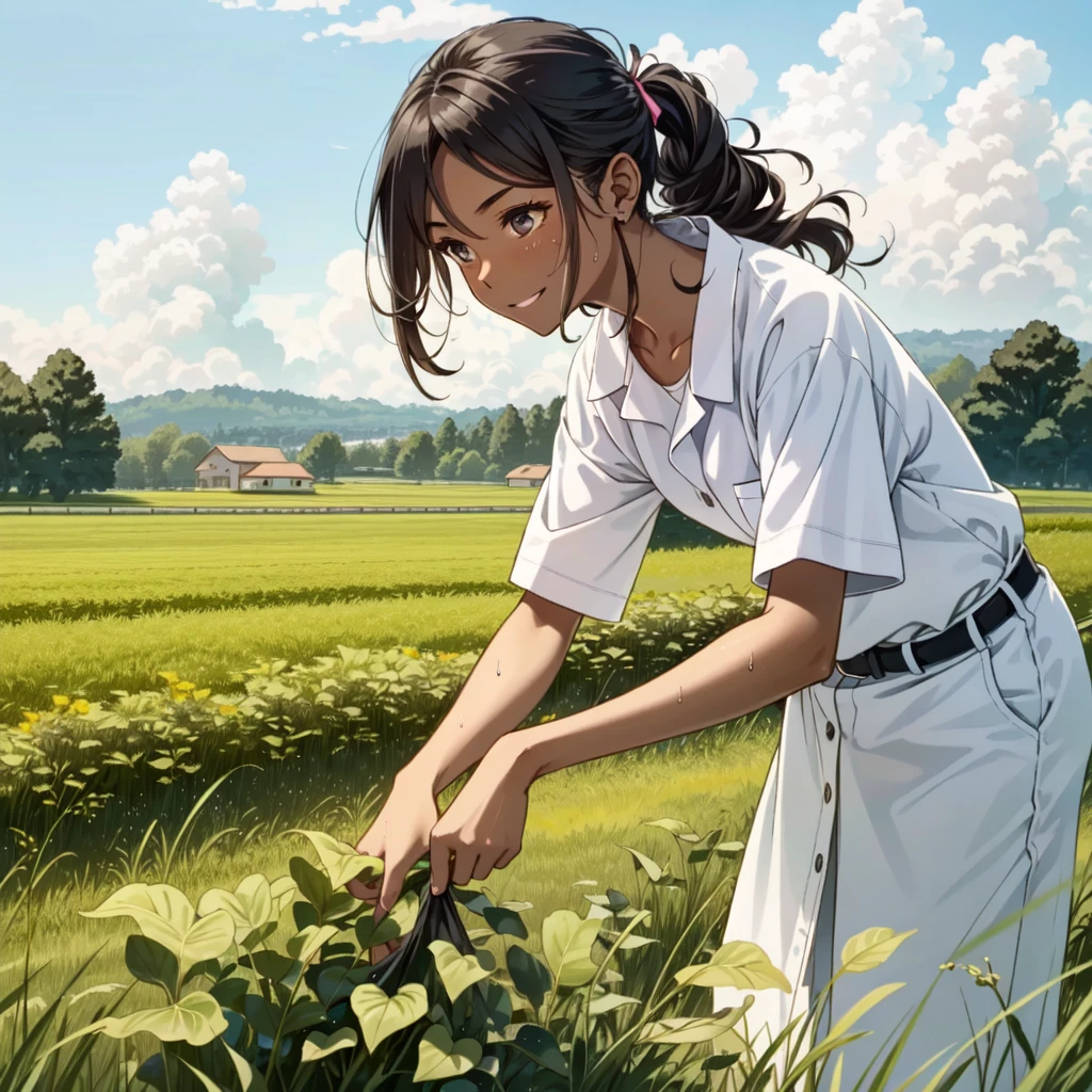 -yeld gi((Dark Skin))、((Brown skin))、Happiness、Serious、cute、Black Diamond、agriculture、Sweat wipe towel、Work clothes、Field work、Wipe the sweat from one&#39;s forehead with one&#39;s hand、Sweat gushes out、Tea picking、Who harvests、Straw hat