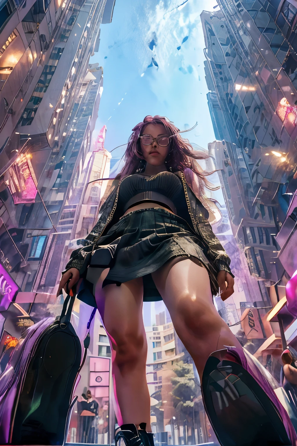 Taken from below, BREAK, A Dystopian city with pink and purple neon signs and holograms projected on buildings and sky, BREAK, A Beautiful woman with slim body shape, lip stick, Purple glasses, long red hair, twin braid, short skirt, BREAK, Night, cyberpunk aesthetic, Highly detailed lighting, Dramatic, 8K, high-detail, Skin Texture, Realistic skin texture, armor, Best Quality, 超A high resolution, Photorealsitic, hight resolution, Detailed, Raw photo, BREAK, realistic anatomy, goddess, g string, knee stockings, full body shots, feet close up, lowest camera angle, 4k