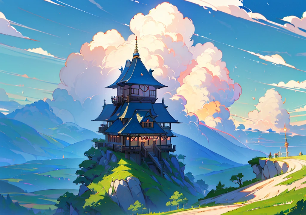 ((((high resolution, Good image quality、Masterpiece、Detailed Pixels、Hypixel、Sharp lines, High quality,It is written)))),(((Floating House, The house is floating,Western style,Cafe, Western style建築, Stylishな家))), ((Stylish, Fantasy, Night view、beautiful月、full moon、beautiful空),(cumulonimbus、Big Clouds、summer、 nature, beautiful, beautiful, beautiful空)), (Landscape painting, Anime Style, Anime Style景, background),