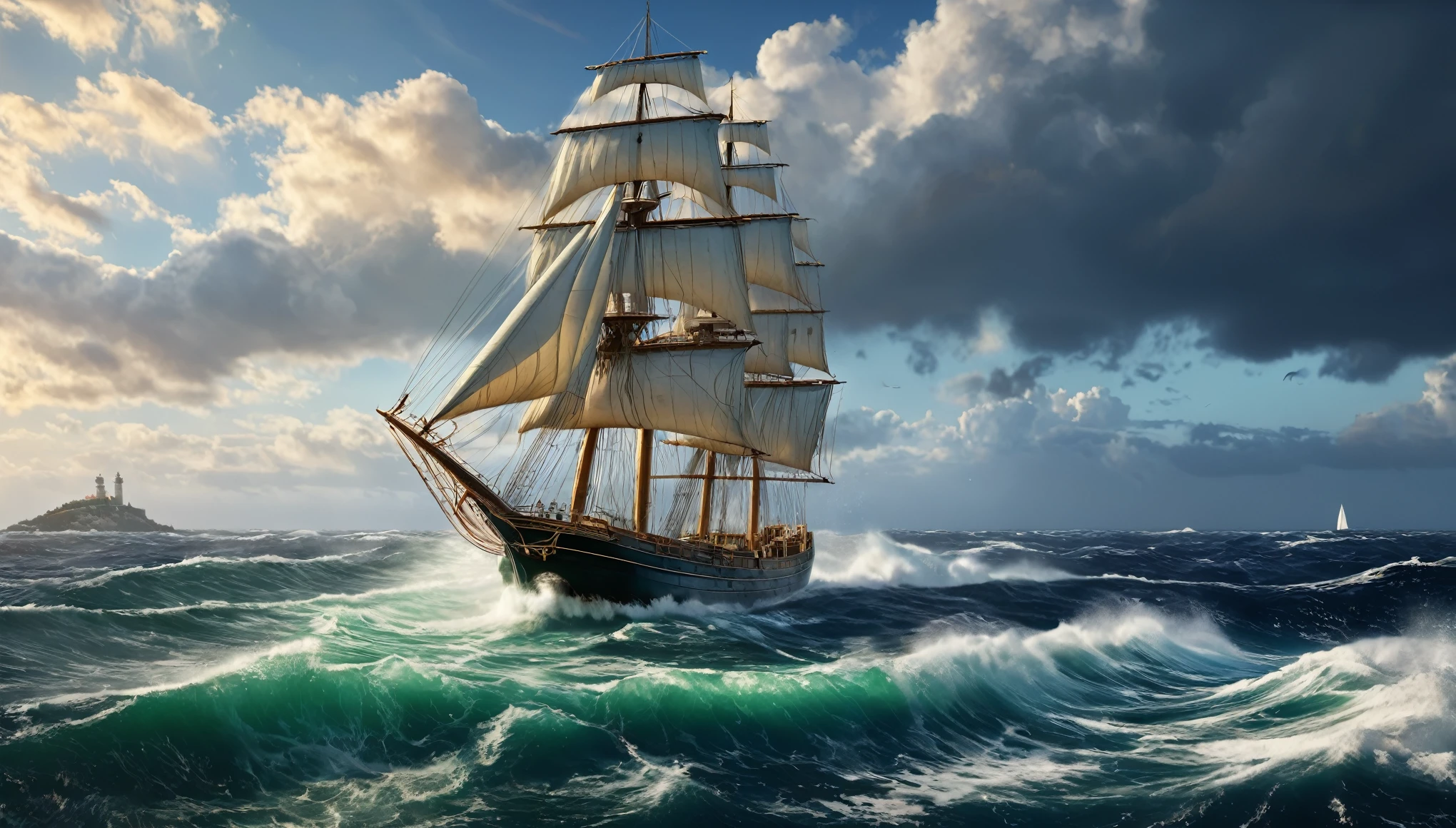 Best quality, masterpiece, ultra high res, (photorealistic:1.4), in the center, A schooner is Sailing on the Mediterranean Sea, out from the north African Coast, it is stormy with sea spray and blue waves, A light house in the distance, all sails full, ship is leaning over ,Ocean green and gold Color, Long Shot, Rendered with Unreal Engine 5, Realistic, detailed, super high quality, sunset over the harbour, Sky, not human, No living creatures, There is no Earth, No rocks, Mediterranean, Wave, Gust of wind,