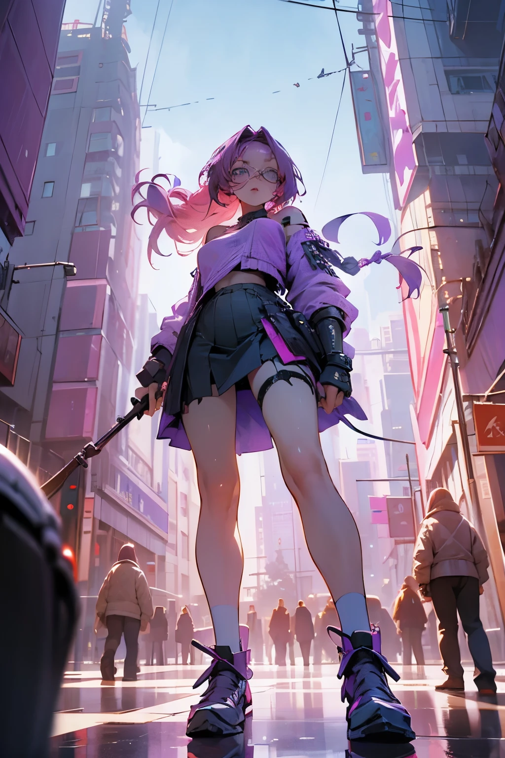 Taken from below, BREAK, A Dystopian city with pink and purple neon signs and holograms projected on buildings and sky, BREAK, A Beautiful woman with slim body shape, lip stick, Purple glasses, long red hair, twin braid, short skirt, BREAK, Night, cyberpunk aesthetic, Highly detailed lighting, Dramatic, 8K, high-detail, Skin Texture, Realistic skin texture, armor, Best Quality, 超A high resolution, Photorealsitic, hight resolution, Detailed, Raw photo, BREAK, realistic anatomy, goddess, g string, knee stockings, full body shots, feet close up, lowest camera angle, 4k