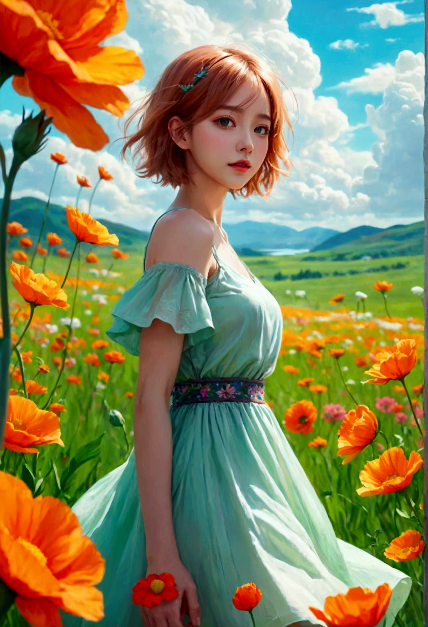 Beautiful woman standing in a flower field wearing a short dress_Fine details of delicate features, orange blonde short hair_Delicate explanation, Colorful and rich fantasy clothing, bright and soft colors, chassis, Colorful pastels, cute colorful lovely, vivid fantasy style, soft and cute colors, Bright pastel colors, Zia, Bright pastel colorss, sakimichan hdri, gradient pastel green, Vibrant pastel colors, blue sky, white cumulus clouds, (masterpiece, best quality:1.2), 1 girl, lonely, big eyes, fluffy hair, happiness, grassland, green style background，