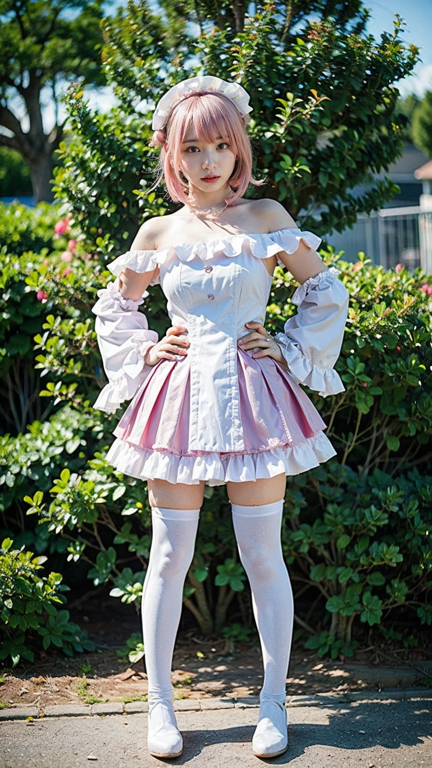 (8k、RAW Photos、Highest quality、masterpiece:1.2)、(Realistic、Realistic)、1 girl、((White Mini Skirt、Off the shoulder、Pink dress、See-through、Frilledium Hair、Pretty Cure Costume、See through、Pink Hair、tights、ribbon、boots、Accentuate your breasts、whole body、garden、View from the front、Looking into the camera、Stand with hands on hips))、