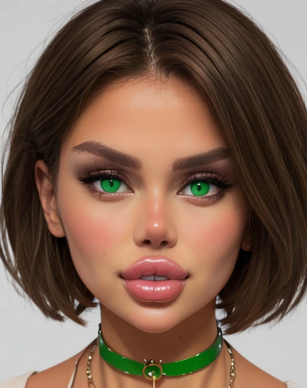 woman, face portrait, short brown hair, green eyes, choker, necklace, 
best quality, detailed,
