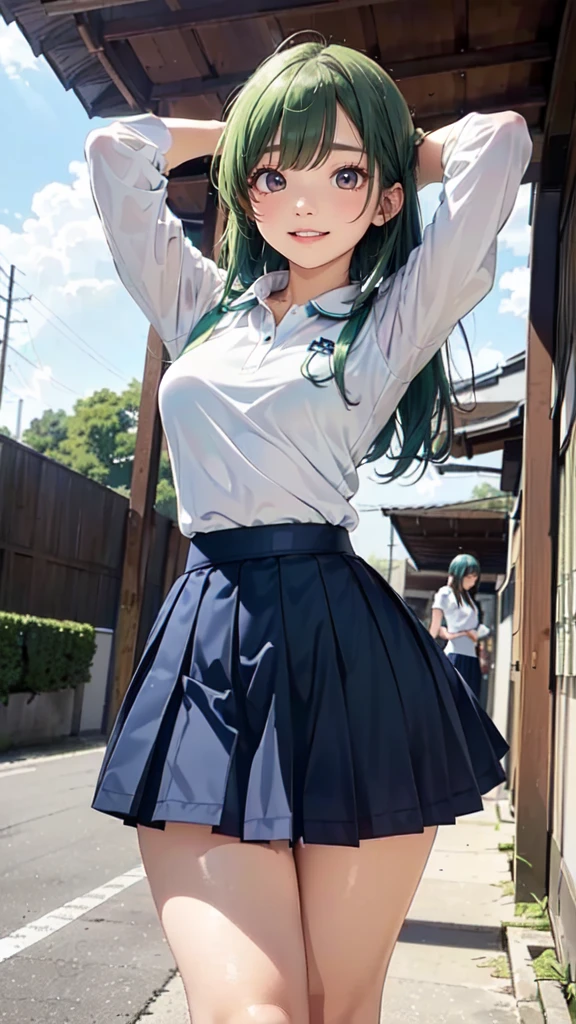 (masterpiece,Highest quality,High resolution,Line art,Anime Style:1.2),(One high school girl:1.2), (((White polo shirt), Navy blue pleated skirt),(White sneakers),White socks),(Smiling happily, showing his teeth:1.3),(Straight long hair swaying in the wind,Light green＋Light blue hair,Natural Makeup, Eyelash extensions, Make your eyelashes thinner and longer:1.3),(Cowboy Shot:1.3),(16 year old Japanese girl:1.2),(Clothes that look good:1.2),(School corridor:1.3), View the subject from below, (The skirt is blown up by the wind, The skirt is short, Panty shot, White panties:1.3), (Are standing, Random sexy poses:1.3), (Place your hands behind your head:1.3), (Thick thighs:1.3)