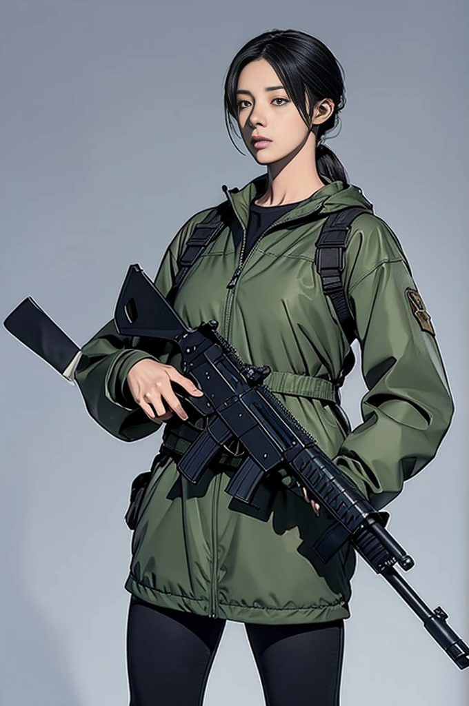 The image annotation task involves identifying and describing the objects and features within the picture. In this case, the objects include a female character dressed in a military-style outfit, holding a rifle, which is a significant feature indicating her role or profession. The character's attire suggests a theme of combat readiness, and the presence of the rifle reinforces this interpretation. The overall aesthetic of the image, with its detailed rendering and stylized presentation, indicates that it may be conceptual art or a character design from a video game or animation. The image does not provide any explicit context or background story, so the description focuses on the visual elements present.