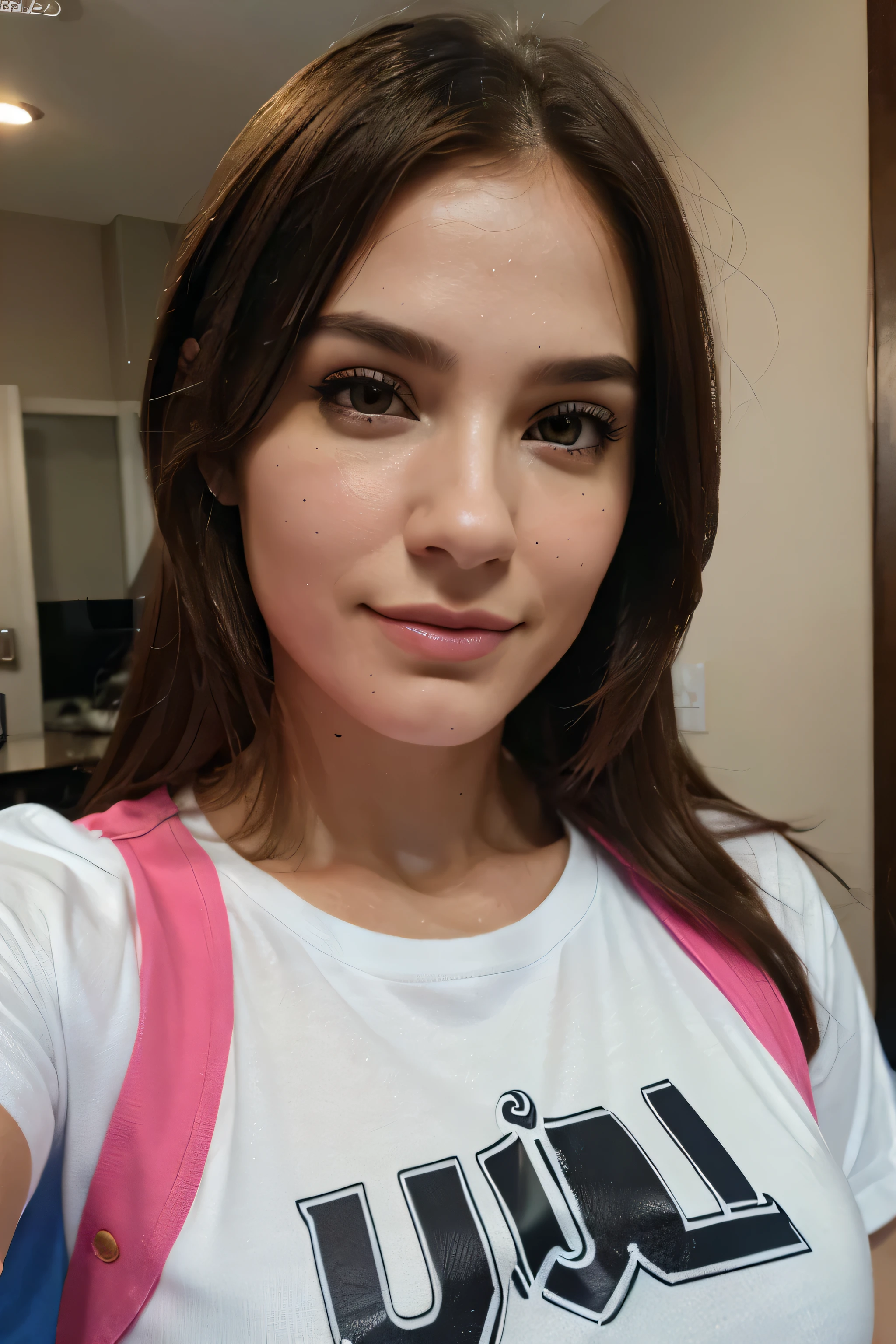 (best quality,ultra HD,realistic:1.2),pretty woman, t shirt, smirking, selfie, ultra-detailed, vivid colors