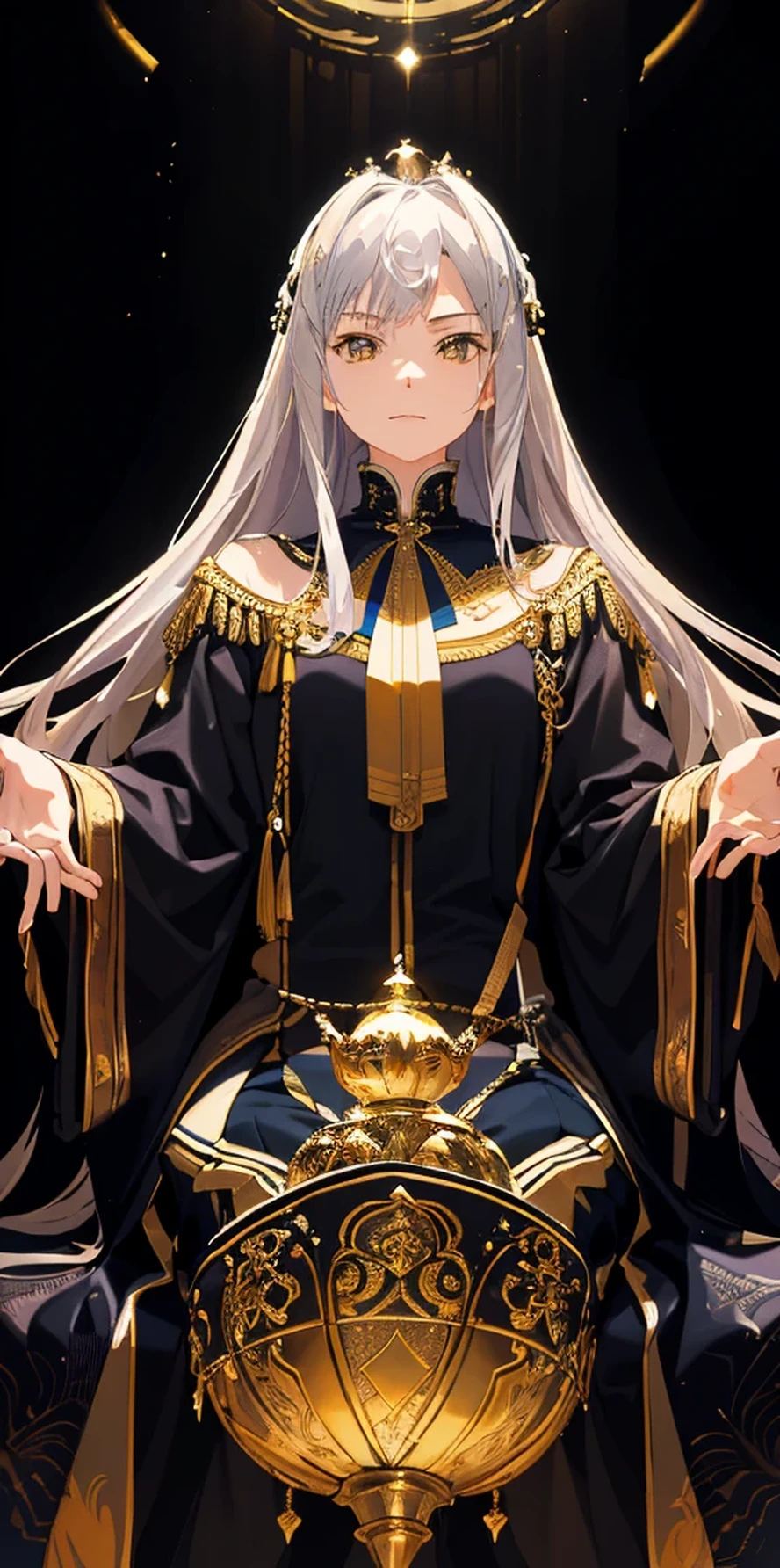 (masterpiece:1.2), best quality, (illustration:1.2), (Extremely detailed), Ultra Detail, (Fine details), (Intricate details), (light, best quality Backlights), Clear boundaries, From below, soloist, Perfect body, (1 Girl), Gray hair and yellow eyes, (emperor, Black see-through clothes), (crown: 1.1), Sitting on the throne, Eyes closed slightly, Bow your head, (Shy: 1.2 ), (cosmetic), High contrast, (Optimal lighting, Extremely creative and beautiful), (light), rich and colorful, Winning streak, Star. Face portrait&#39;1.2