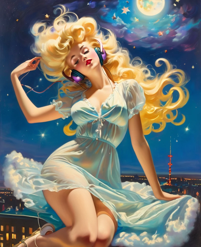 A Gil Elvgren pin-up style painting of a beautiful blonde woman with big messy hair, floating on a cloud gracefully laying on the cloud, wearing headphones, wearing little transparent nightgown, with moon light, twinkling stars and colorful stardust, vibrant and colorful, full body shot, looking down at a small city at night, cityscape