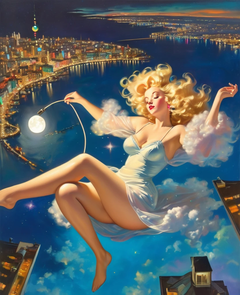 A Gil Elvgren pin-up style painting of a beautiful blonde woman with big messy hair, floating on a cloud gracefully laying on the cloud, wearing headphones, wearing little transparent nightgown, with moon light, twinkling stars and colorful stardust, vibrant and colorful, full body shot, looking down at a small city at night, cityscape