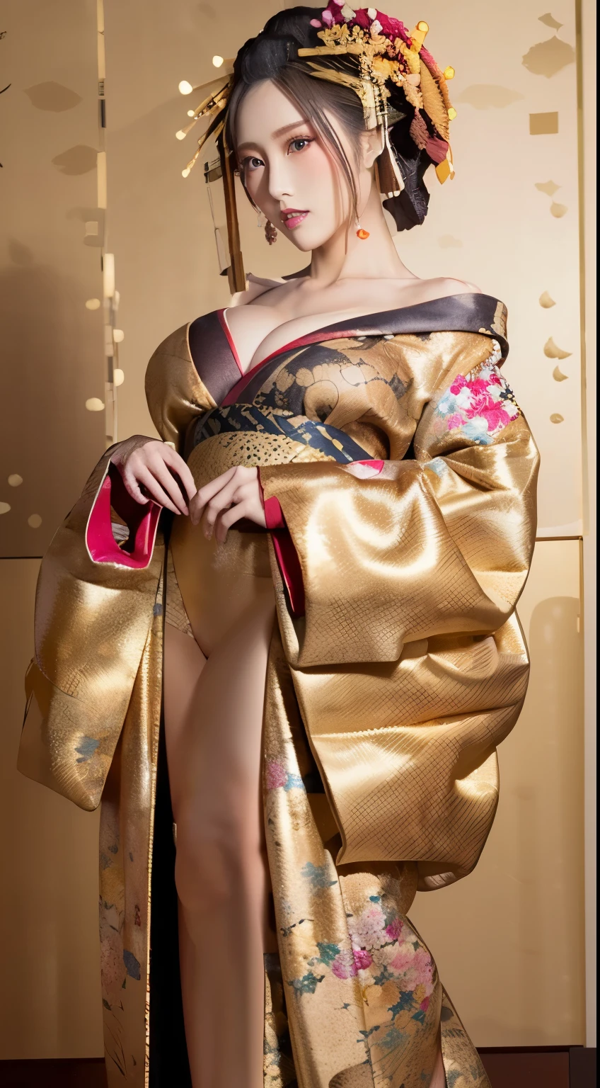 ((masterpiece(:1.4)，Highest quality，Ultra-high resolution，Highest quality，8k，Extremely detailed，In detail))。night，Japanese，(A beautiful woman)，glossy，slim，Large Breasts(1.6)，sexy，glamorous，((Golden Ratio Style，Perfect Style))，Narrow waist，Flashy gal makeup，Japanese garden，Oiran，Prostitute，Sunny day outfit，Uchikake，Gold brocade，((A gorgeous kimono))，A cutting board belt tied in front，Hair tying，hairpin，hair ornaments，Gorgeous costumes，Beautiful standing posture，Presence，Exude sex appeal，looking at the camera，Show off your style，