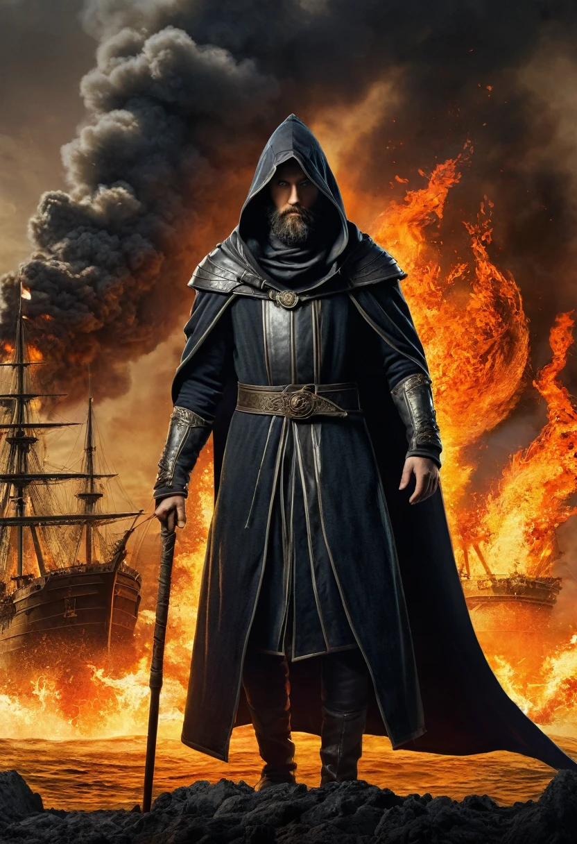 The image features a character standing in the foreground with a determined expression. The character has long, dark hair and a beard, and is dressed in a dark, hooded cloak with a high collar. The cloak appears to be made of a heavy, textured fabric, and there are visible straps or ties at the waist. The character's posture is upright, with one hand partially extended as if gesturing or pointing.
The background is dominated by a fiery orange and yellow color scheme, suggesting a scene of destruction or chaos. There are several ships with tall masts in the background, all engulfed in flames. The sea is visible beneath the ships, with waves crashing against them. The sky above is filled with smoke and embers, indicating a large fire or battle.
The word "EITHER" is prominently displayed in the center of the image in large, white capital letters. The font is bold and modern, contrasting with the medieval or fantasy setting of the image. The overall composition of the image suggests a narrative or thematic significance to the word "EITHER," possibly indicating a choice or decision that the character must make in the context of the chaotic scene.