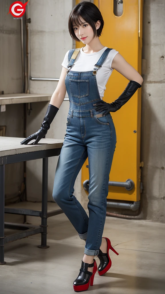 masterpiece, high quality, Very detailed, figure, Pretty girl, Shiny, Reflexive, jeans, G-cup breasts、smile、short hair、Yellow Overalls, body, work shoes, industrial use, High heels, black, red, Silver, metallic, gloves, , Device, mechanical, tools, spark, pipe, musical instrument, Meters, Saw, hammer, driver, wrench, pliers, wrench, toolsボックス, fire extinguisher, First aid kit, ventilation, pipe, Light, Warning, Poster, calendar, Coffee cup, Job table, Storage box, Safety vest, Concrete floor, Concrete wall, Metal beams, industrial use fashion, sf, cyber punk, 暗black郷