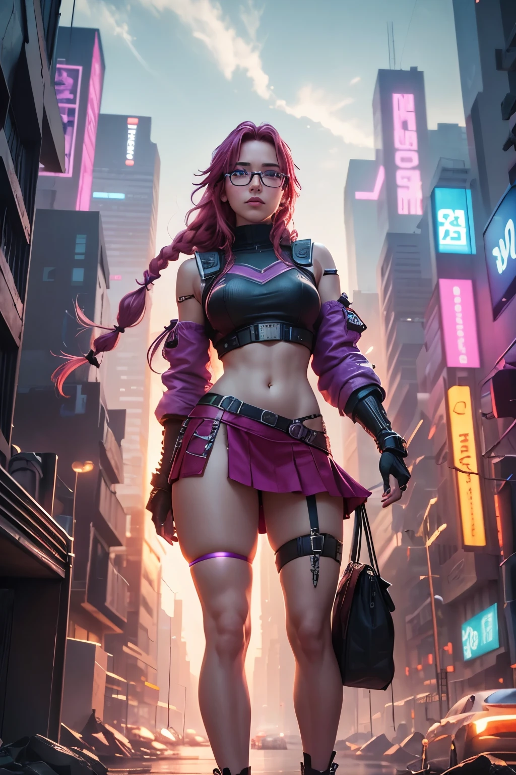 Taken from below, BREAK, A Dystopian city with pink and purple neon signs and holograms projected on buildings and sky, BREAK, A Beautiful woman with slim body shape, lip stick, Purple glasses, long red hair, twin braid, short skirt, BREAK, Night, cyberpunk aesthetic, Highly detailed lighting, Dramatic, 8K, high-detail, Skin Texture, Realistic skin texture, armor, Best Quality, 超A high resolution, Photorealsitic, hight resolution, Detailed, Raw photo, BREAK, realistic anatomy, goddess, g string, knee stockings, full body shots, feet close up, lowest camera angle, 4k