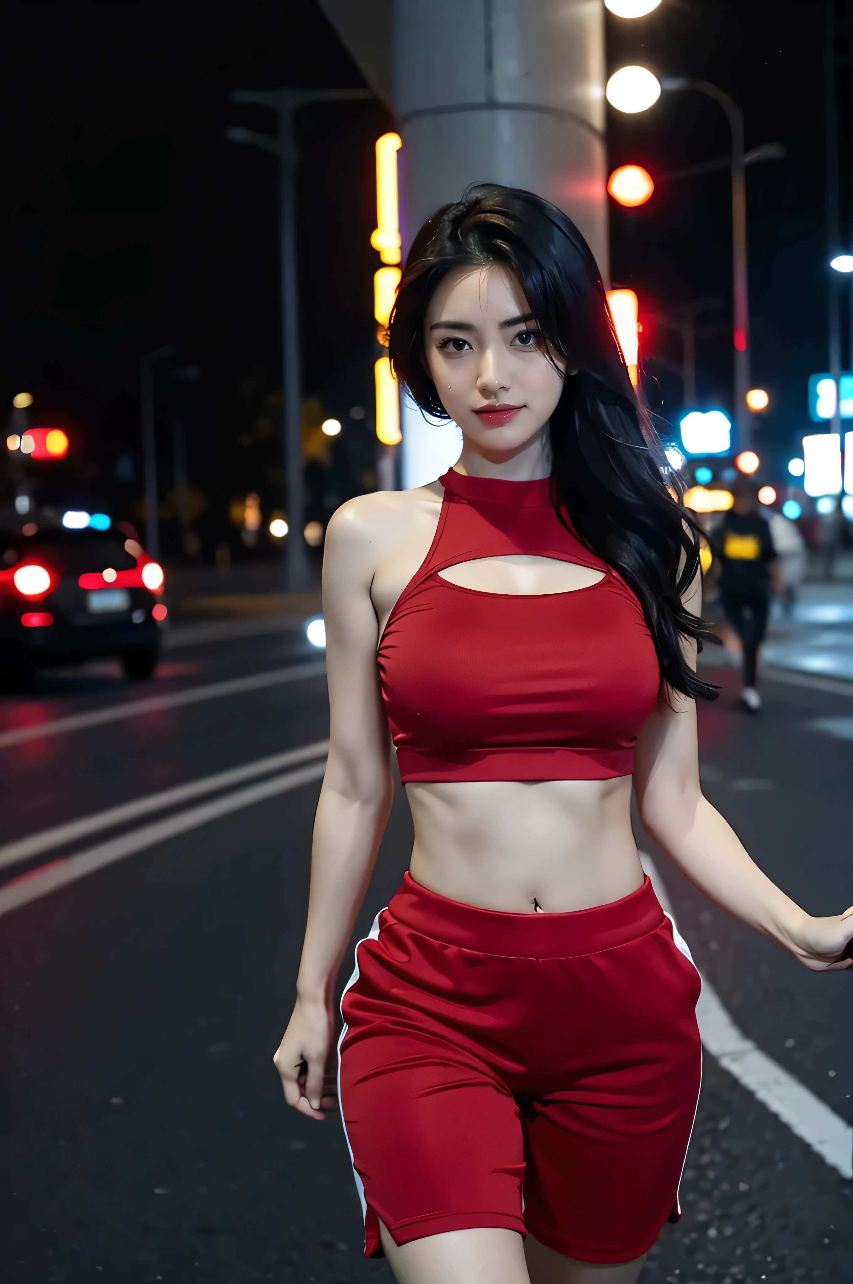 plan eloignée, real asian woman with big breasts,fitness body, red short pants, black crop top walking in a urban city at night , no blurring, ultra realstic background, ultra detailled background, real background