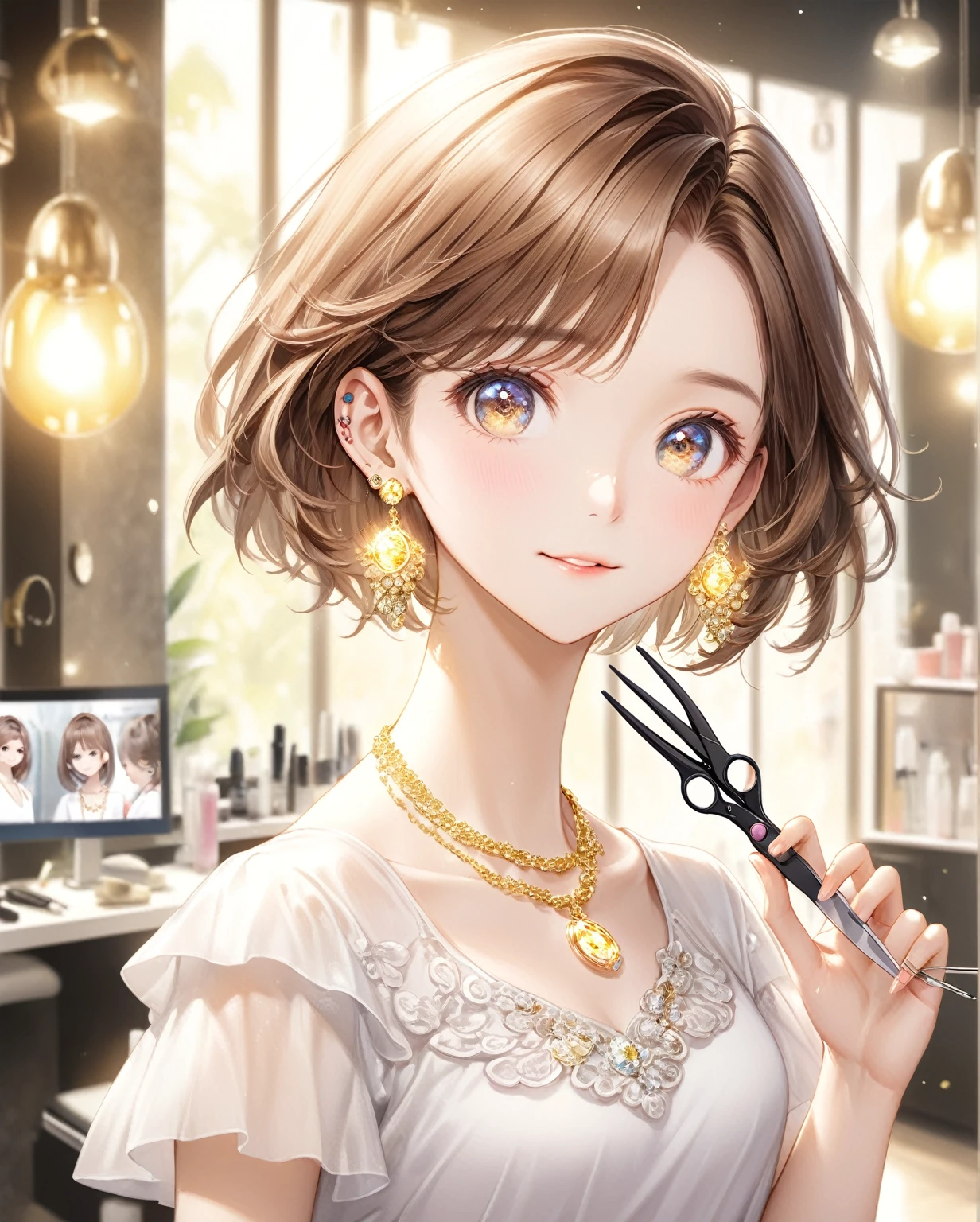 (Highest quality,8k,32K,masterpiece,Ultra-high resolution :1.2 ),born,One girl,Super cute,Natural light,Clear, shining eyes,20-year-old,Fair skin,Beauty salon digital world fantasy background,The earrings are shiny,The necklace is shining,Brown hair,beautician,Holding scissors,short hair