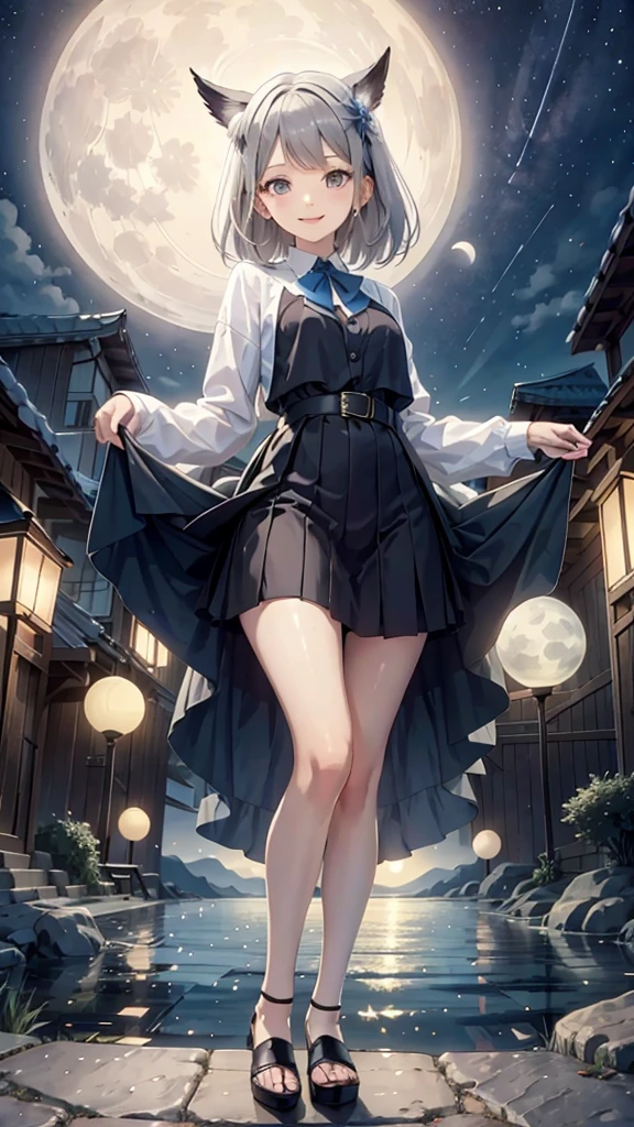 Sisters,Night view,Fluffy skirt,dress,cardigan,Silver-gray hair,Indigo tips,Emerald Eyes,comics,smile,fine,Vibrant,Iridescent feathers,Two Moons,mysterious,Soft Moonlight,Fairy,Grand Canyon,Ancient City
