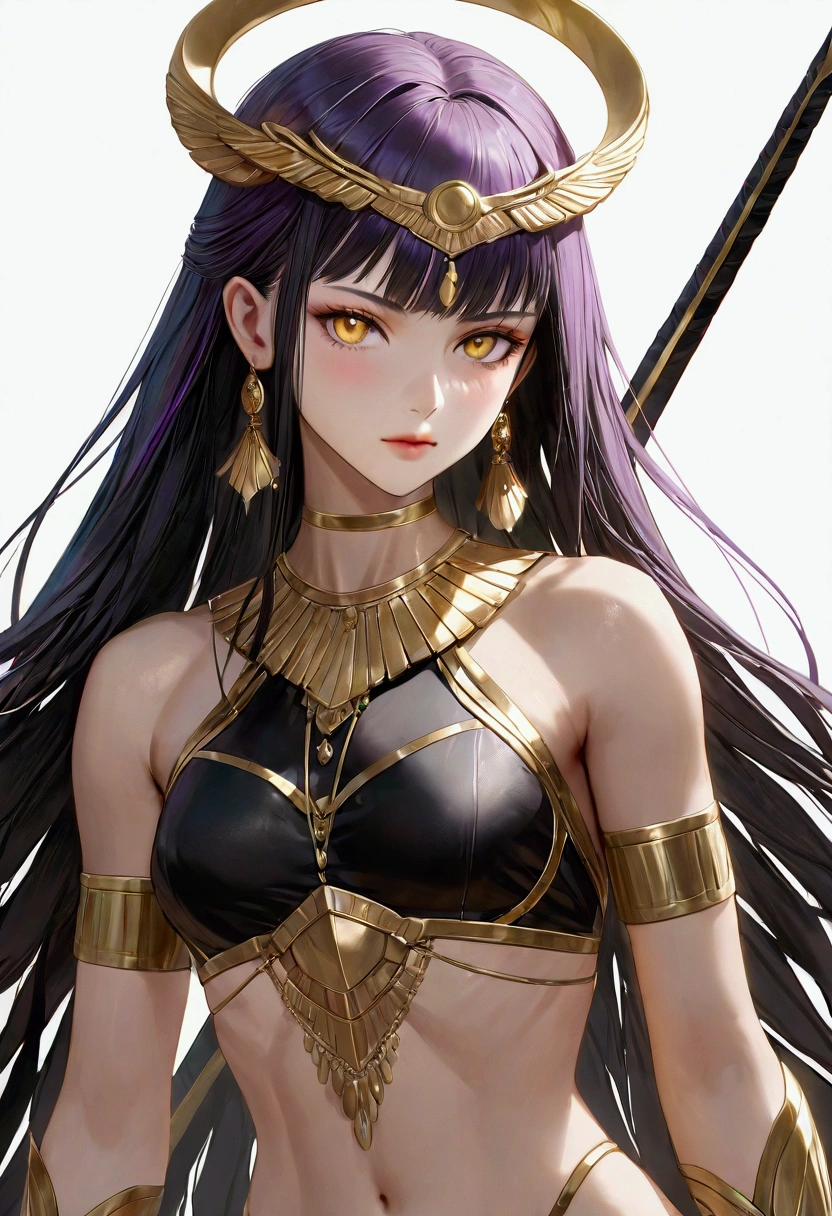 A girl with smooth black hair,inner colored hair(purple),magestic golden eyes, fair skin tone, slender and athletic built, warrior, detailed hair, detailed body, best quality, aesthetic,8k,realistic