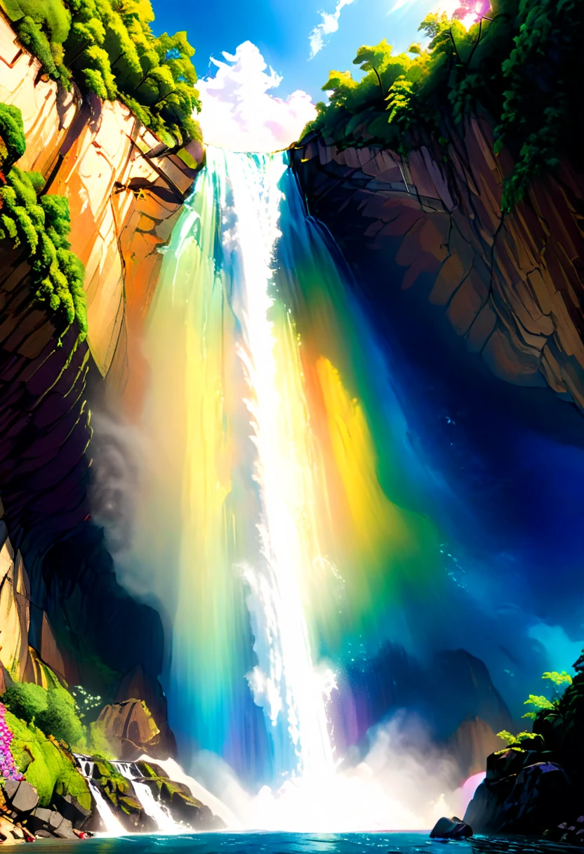 a ((low angle shot: 1.5)), from below of an epic waterfall, there is an epic waterfall coming out of an epic cliff, the water coming down in earnest, there is a rainbow reflected on the  water, vibrant, Ultra-high resolution, High Contrast, (masterpiece:1.5), highest quality, Best aesthetics), best details, best quality, highres, 16k, (ultra detailed: 1.5), masterpiece, best quality, (extremely detailed) RAW, (ultra details, Masterpiece, best quality),