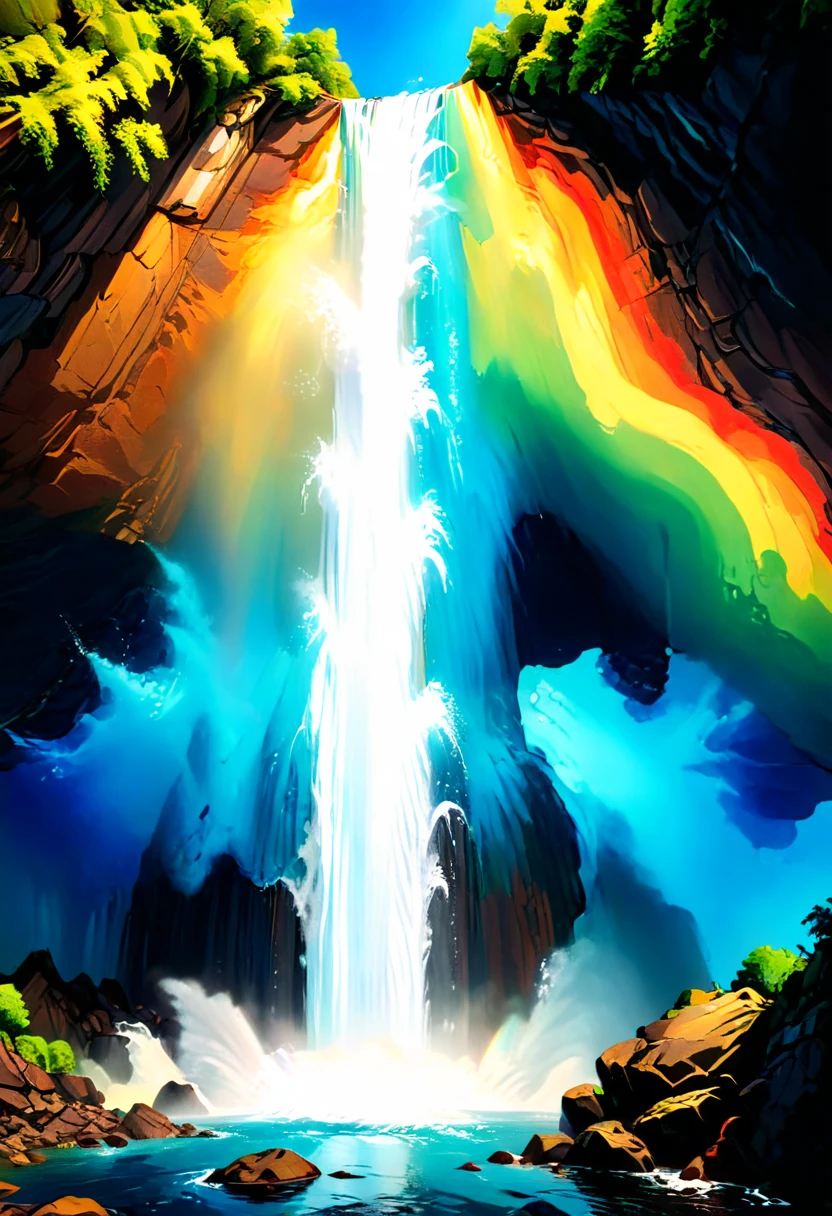 a ((low angle shot: 1.5)), from below of an epic waterfall, there is an epic waterfall coming out of an epic cliff, the water coming down in earnest, there is a rainbow reflected on the water, vibrant, Ultra-high resolution, High Contrast, (masterpiece:1.5), highest quality, Best aesthetics), best details, best quality, highres, 16k, (ultra detailed: 1.5), masterpiece, best quality, (extremely detailed) RAW, (ultra details, Masterpiece, best quality),
