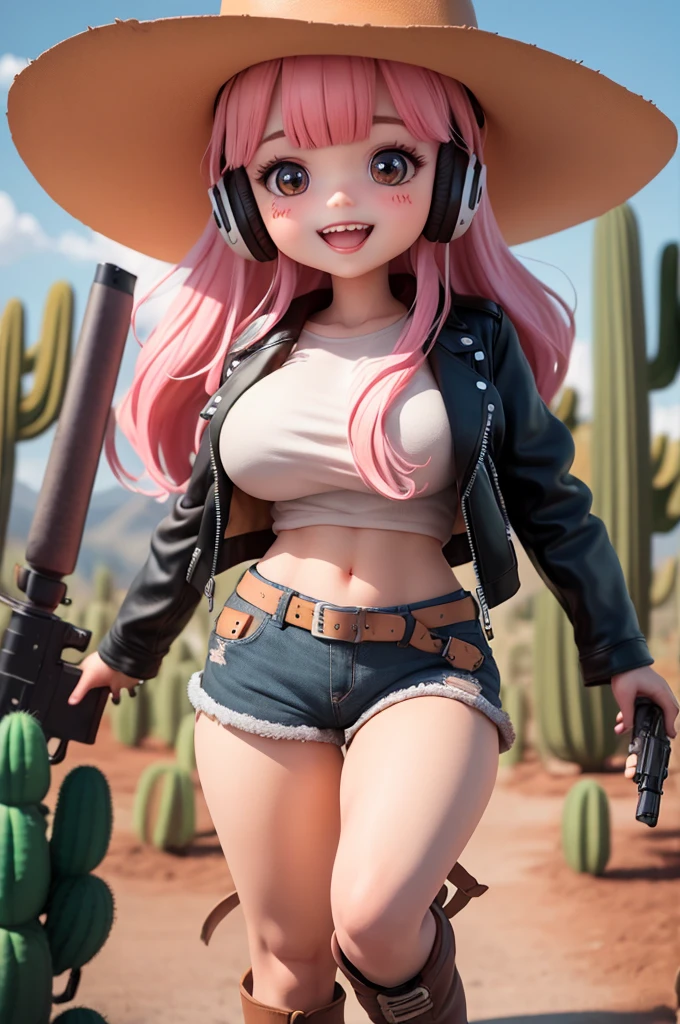 (masterpiece), (extreme), (Very detailed),(Body:1.9),1 girl, Sunlight, charming, orange, (Big Head:1.8), toy doll, Cat ears，Big orange headphones，Strap around the waist(((Holding an oversized short gun in both hands and stretching forward)))，Smile, open mouth, whole body，In the Wild West, cactus， (((Oversized cowboy hat，Fashion,leather jacket, leather shorts，Boots))), blush, shirt, Long hair, Pink Hair, orange headdress, Fuzzy, Bangs, (Beautiful and delicate face), (Beautiful and delicate eyes),