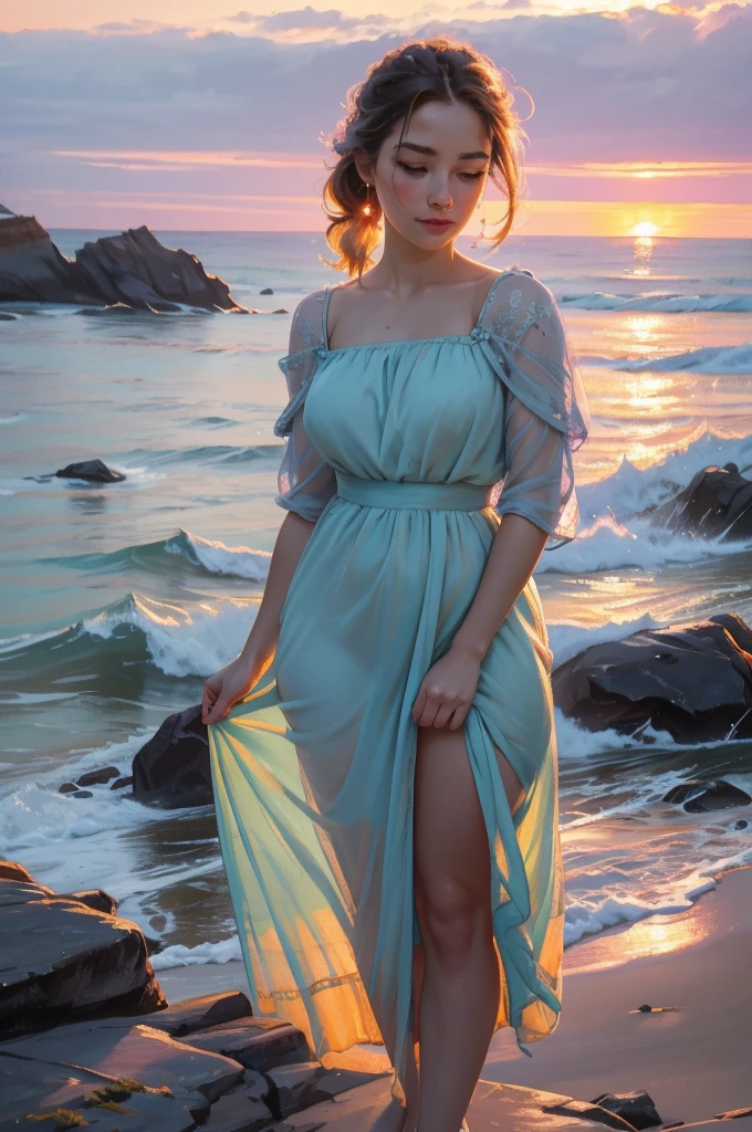 Positive Prompt:
Generate a hyper-realistic image of a breathtaking nature scene with a long-distance shot. The main subject is a lovely young girl with straight, dark hair, dressed in a light blue dress that complements the serene surroundings. She is standing on a rocky cliff overlooking a pristine ocean with gentle waves crashing against the shore. The backdrop features a vibrant sunset with hues of orange, pink, and purple painting the sky. The girl is gazing out at the horizon, holding a seashell to her ear. The scene should include the rocky cliffs, ocean, and sky to create a mesmerizing and tranquil atmosphere.

Details:

Focus on the detailed features of the girl, her dress, and the natural elements around her.
Ensure the ocean, rocks, and sky are depicted with stunning clarity and realism.
Capture the essence of a serene, contemplative moment in nature.
Image Quality:

Ultra High Quality
8k resolution
Hyperrealistic details
Sharp focus
Vivid colors
Depth of field