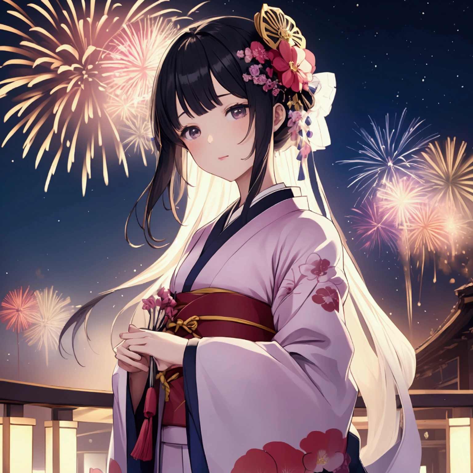 (((Simple configuration)))、One Girl、Perfect Anatomy、beautiful, Like a photograph、sketch、Very delicate、Cloud-like wall、、Floral、Delicate depiction、Abstract、Bright colors overall、Gentle color、kimono、Taisho Romance、(masterpiece、Highest quality、Highest quality、Official Art、beautiful, beautiful:1.2)、break、at night、Fireworks bursting into the sky、beautiful fireworks、Big fireworks at night