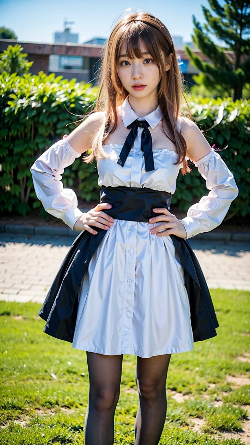 (8k、RAW Photos、Highest quality、masterpiece:1.2)、(Realistic、Realistic)、1 girl、((White Mini Skirt、Off the shoulder、Pink dress、See-through、Frilledium Hair、Pretty Cure Costume、See through、Pink Hair、tights、ribbon、boots、Accentuate your breasts、whole body、garden、View from the front、Looking into the camera、Stand with hands on hips))、