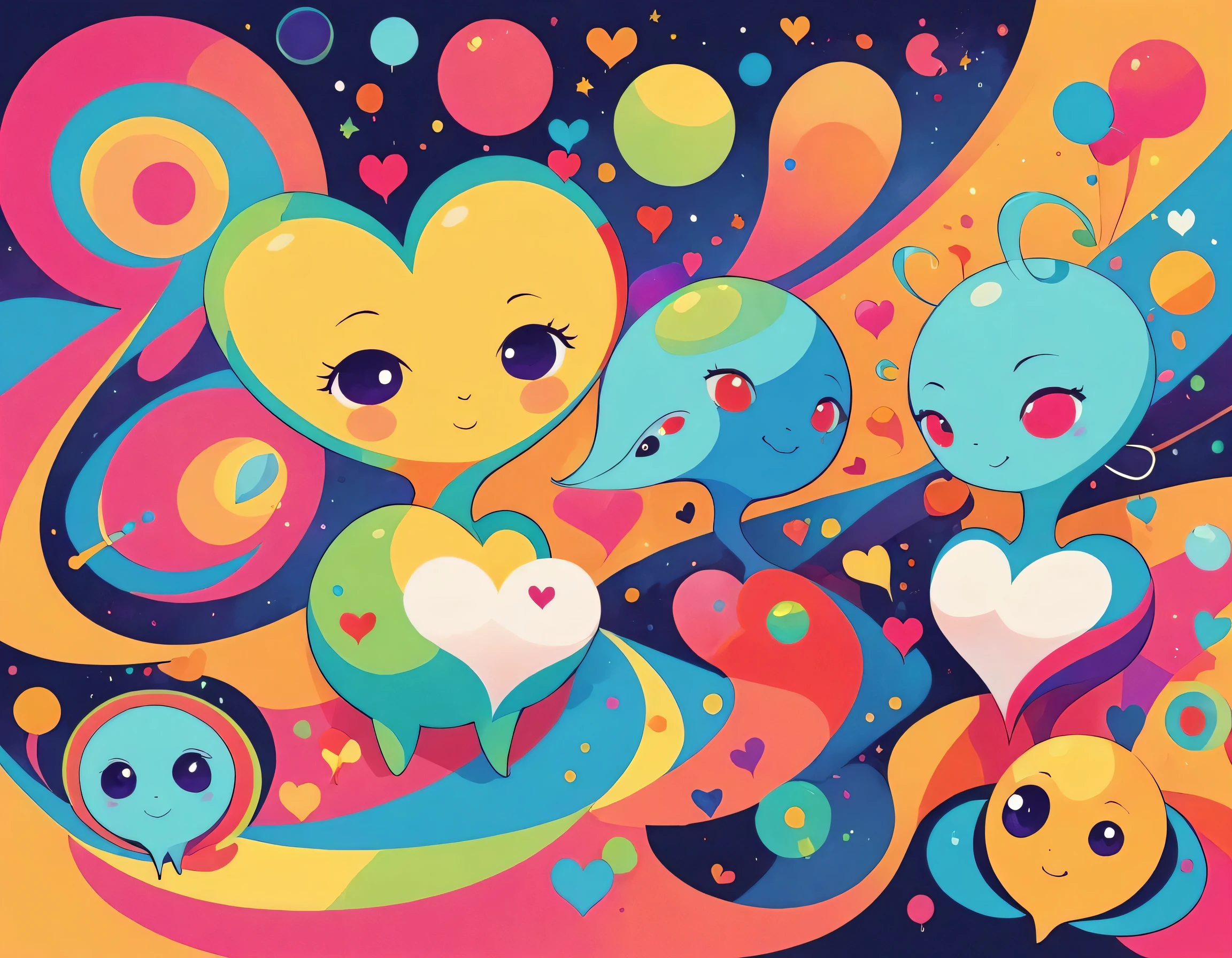 Vasily Kandinsky colorfull style, Simple Line Initialism,Abstract art, colorful hearts, funny design, (((bosom buddy ))), (((Cute Aliens))), The background is space