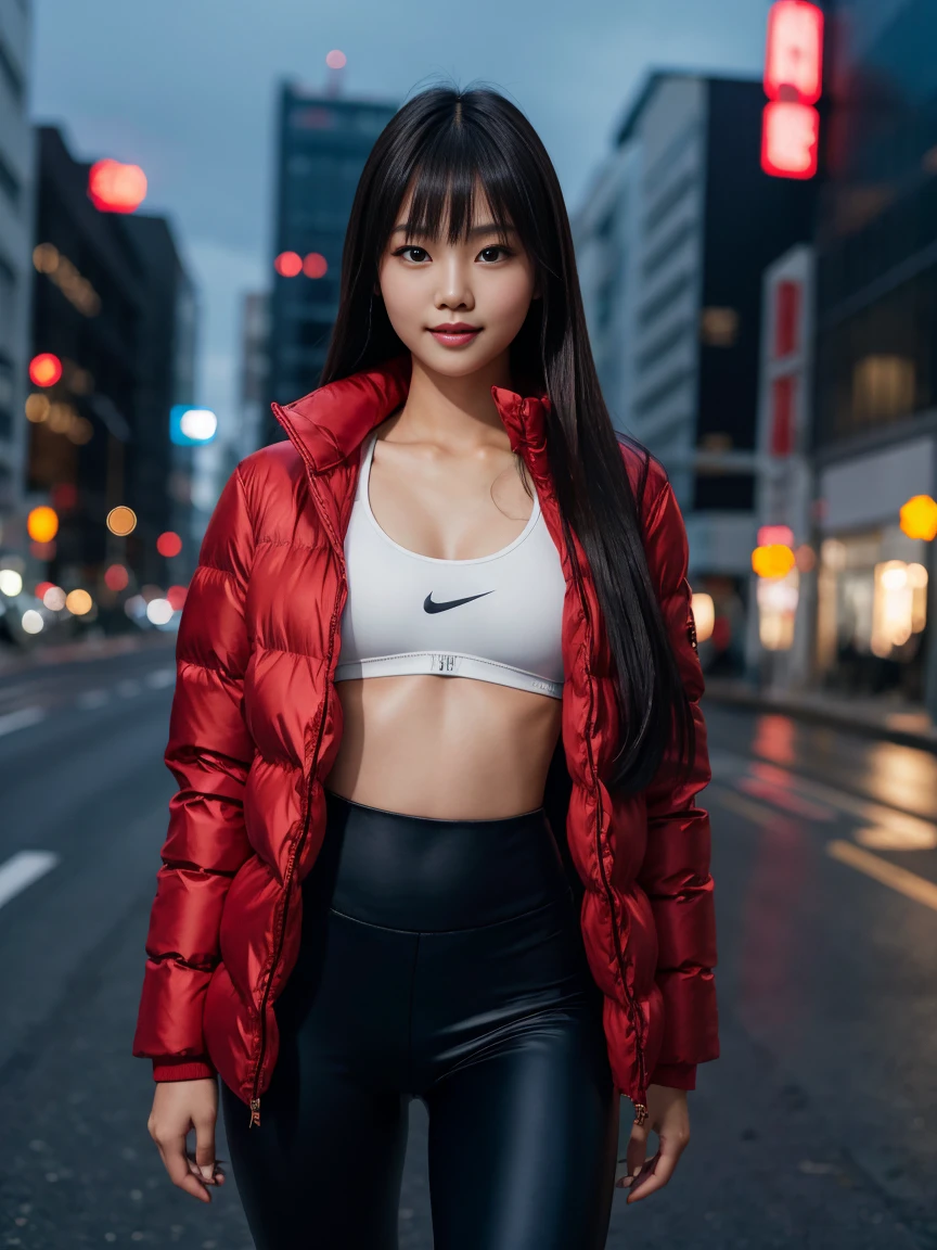 young japanese female model, 20 years old, short height, long brunette hair, super long bangs hairstyle, blue eyes, 16k resolution, highly detailed, Hyperrealism, cinematic lighting, bokeh, masterpiece, UHD, textured skin, super detail, high details, high quality, award winning, best quality, highres, wearing black bra and leggings with red puffer jacket, white nike boots, light smile, night, full body shot,