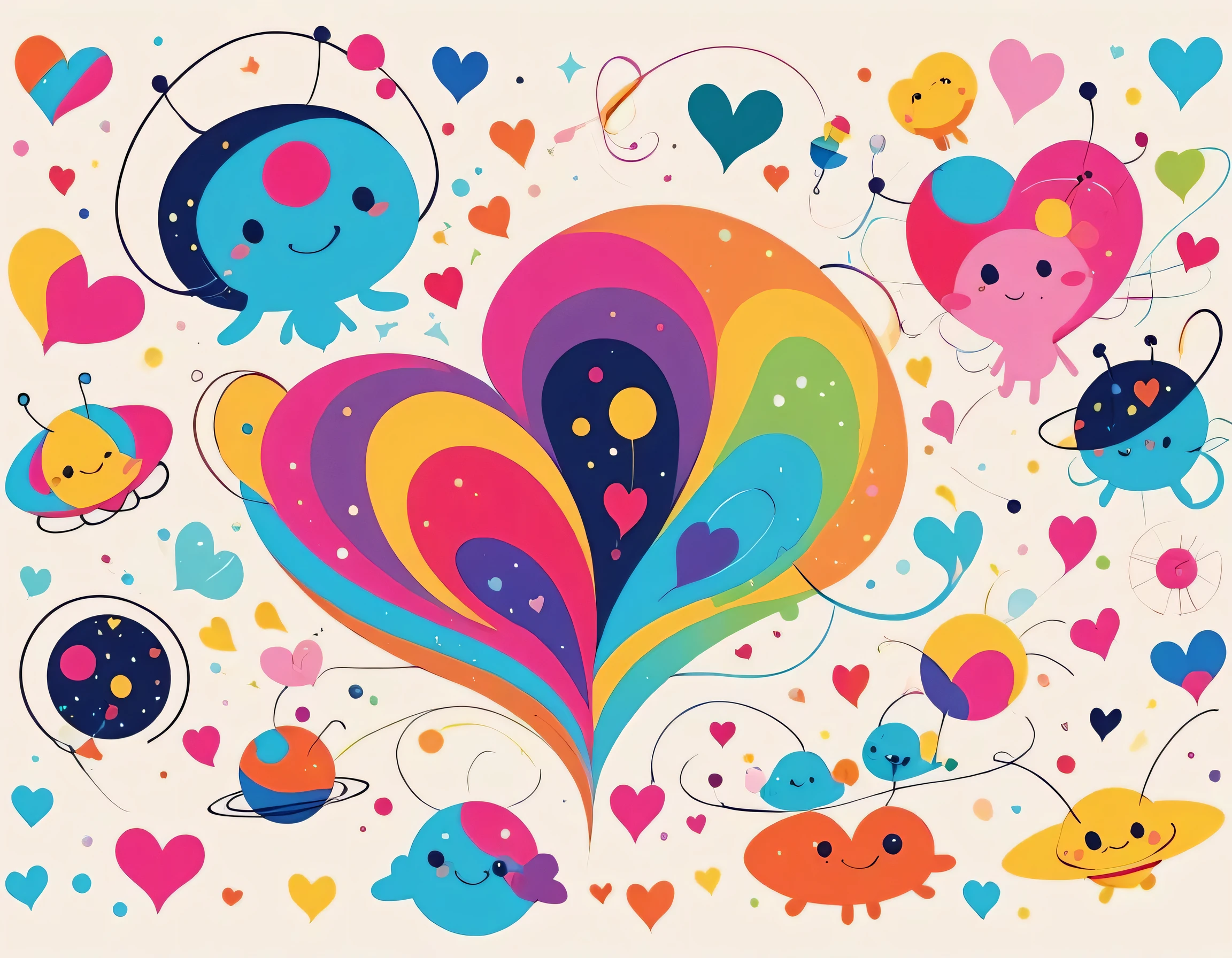 Vasily Kandinsky colorfull style, Simple Line Initialism,Abstract art, colorful hearts, funny design, (((bosom buddy ))), (((Cute Aliens))), The background is space