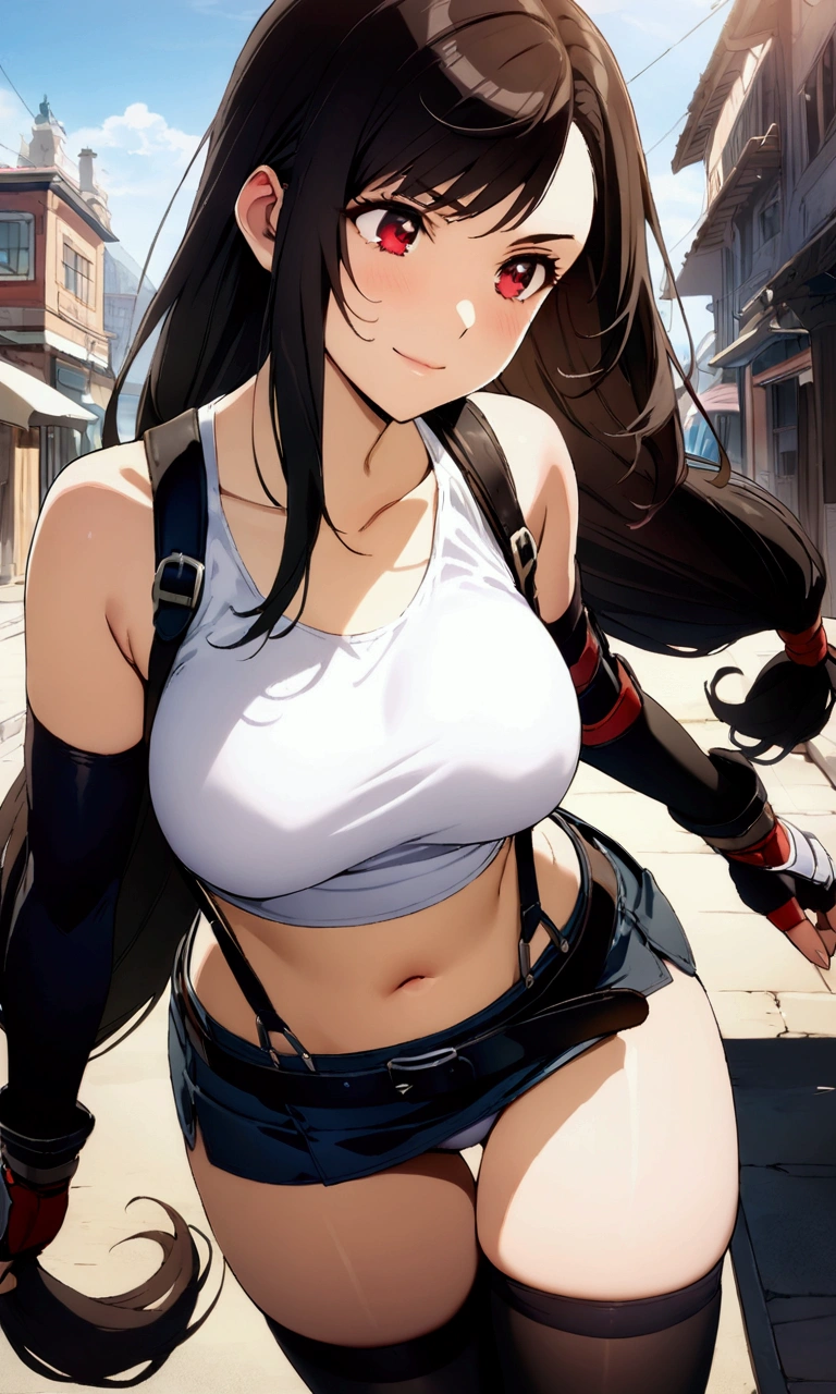 score_9, score_8_up, score_7_up,(best quality,masterpiece),ultra detailed,(aesthetic,very aesthetic),highly detailed),megami_magazine,official art,1girl, tifa lockhart, final fantasy, tareme,black hair, low-tied long hair, red eyes, bangs, white tank top, belt, pleated skirt, thighhighs, elbow fingerless gloves, elbow pads, midriff, navel,suspender skirt . ,(large_breasts:1.2),(perky breasts;1,2),(light smile),panties shot,,Solo,,(daytime and beachside and city),,professional lighting,cinematic lighting,mediumshot,fighting,