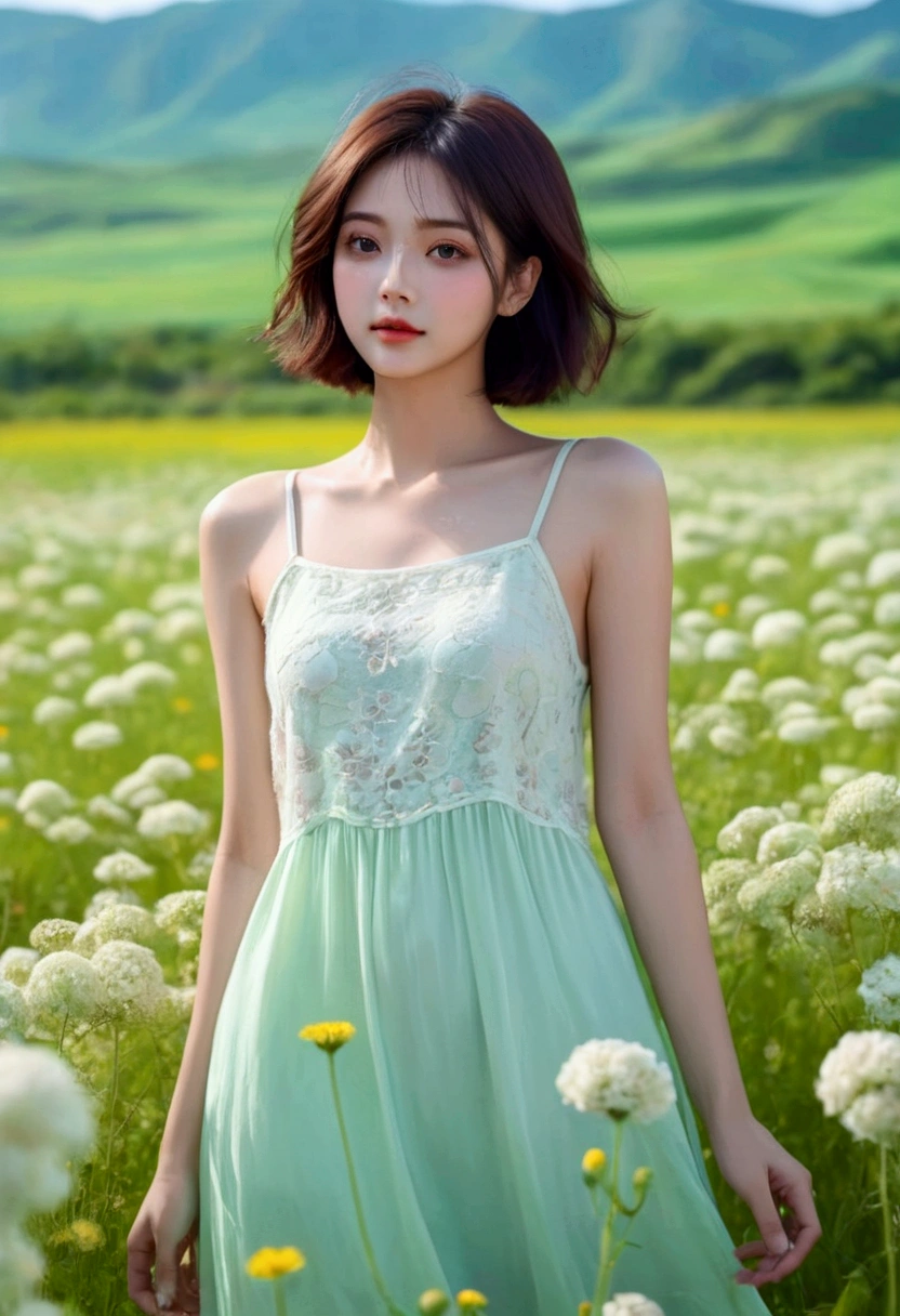 Beautiful woman standing in a flower field wearing an ivory short dress_Fine details of delicate features, Short hair as dark as pitch black_Delicate explanation, Colorful and rich fantasy clothing, bright and soft colors, chassis, Colorful pastels, cute colorful lovely, vivid fantasy style, soft and cute colors, Bright pastel colors, Zia, Bright pastel colorss, sakimichan hdri, gradient pastel green, Vibrant pastel colors, blue sky, white cumulus clouds, (masterpiece, best quality:1.2), 1 girl, lonely, big eyes, fluffy hair, happiness, grassland, green style background，