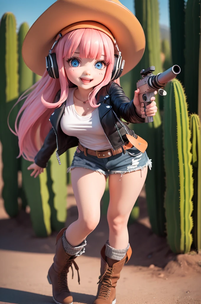 (masterpiece), (extreme), (Very detailed),(Body:1.9),1 girl, Sunlight, charming, orange, (Big Head:1.8), toy doll, Cat ears，Big orange headphones，Strap around the waist(((whole body，Holding an oversized short gun in both hands and stretching forward)))，Smile, open mouth, In the Wild West, cactus， (((Oversized cowboy hat，Fashion,leather jacket, leather shorts，Boots))), blush, shirt, Long hair, Pink Hair, orange headdress, Fuzzy, Bangs, (Beautiful and delicate face), (Beautiful and delicate eyes),