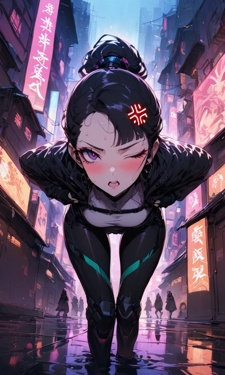 Dynamic composition,{{masterpiece}}, {{{Highest quality}}},{{Very detailed}},{{Fight}},{{critical situation}},{{hold one's arms:1.6}},bent over,1girl,30years old,{Mature Woman}},cyberpunk,{{Chinese clothing}},belt,black fingerless gloves,{{Grit your teeth:1.4}},one eye closed, ,{{v-shaped eyebrows}},Bad mood,blush、anger,Sweat,raise one's eyebrows ,{{View your viewers}}、 long ponytail,Blunt bangs.abdominal pain ,{{pain}},Inside the dojo