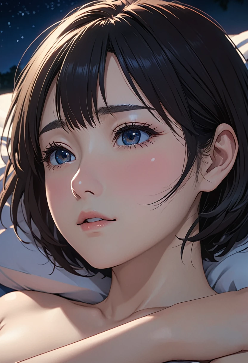 masterpiece, High resolution, illustration, kyoto animation style, Your name is cinematic style, night, midnight, Light, (1 female: 1.3), (alone: 1.4), long eyelashes, short bob, nose blushing, futon, lying down, naked, face close-up, Hide with hands chest, Hide with hands,