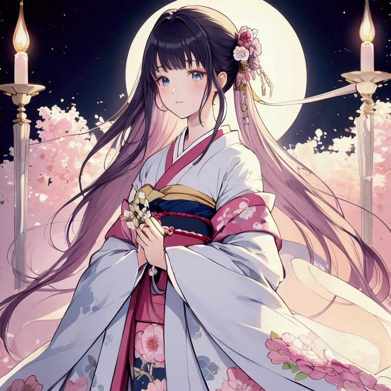 (((Simple configuration)))、One Girl、Perfect Anatomy、beautiful, Like a photograph、sketch、Very delicate、Cloud-like wall、、Floral、Delicate depiction、Abstract、Bright colors overall、Gentle color、kimono、Taisho Romance、(masterpiece、Highest quality、Highest quality、Official Art、beautiful, beautiful:1.2)、break、at night