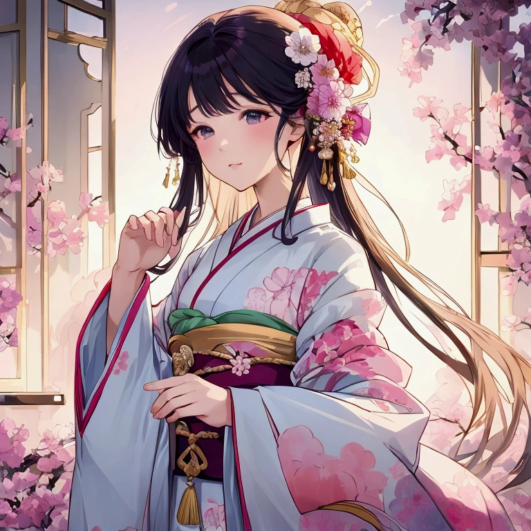 (((Simple configuration)))、One Girl、Perfect Anatomy、beautiful, Like a photograph、sketch、Very delicate、Cloud-like wall、、Floral、Delicate depiction、Abstract、Bright colors overall、Gentle color、kimono、Taisho Romance、(masterpiece、Highest quality、Highest quality、Official Art、beautiful, beautiful:1.2)、break、at night