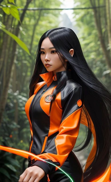 A photograph. Closeup a Thai woman, long hair fluttering back dynamic by wind, wearing a cool black-orange zip-up jacket. She holds a gigantic magic wand that top is orange electric gem. In a futuristic magical fantasy world, fantasy town with green trees, many people in fantasy clothes in game world behind