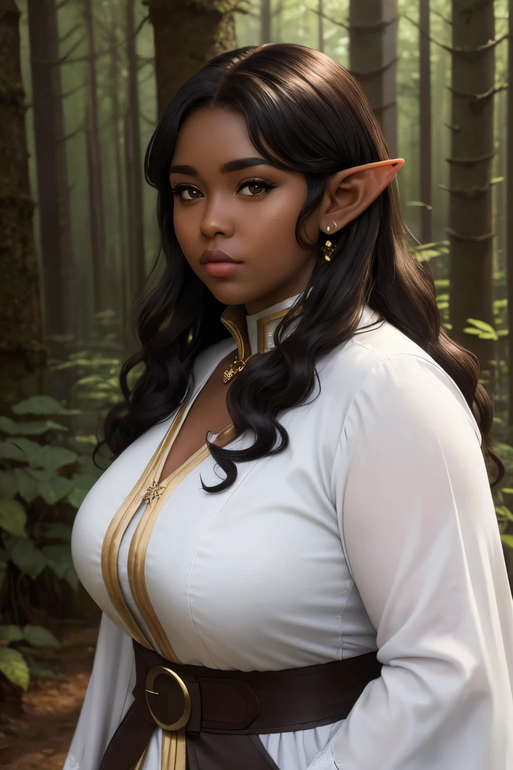 Anime illustration semi-realistic of dark brown skin latina girl, 25 year old, plus size, curvy, overweight, black eyes, black curly hair, big lips, anime, sleek design, elf ears, brown skin, dark skin, sideswept hairstyle, round face, fantasy clothing, beautiful sunny forest background, serious expression, serious face, nature mage, nature magic, mage outfit, brown skin,