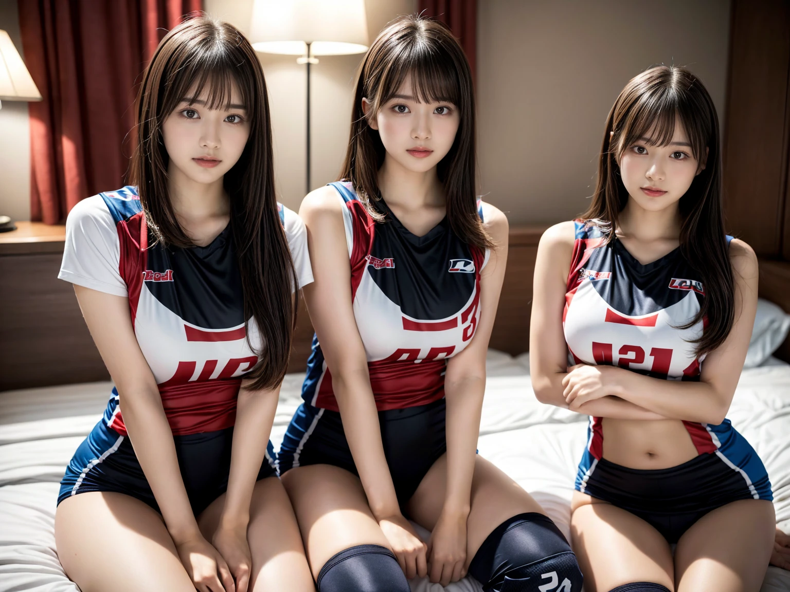 masterpiece, best quality, illustration, Super detailed, fine details, High resolution, 8K,wall paper, perfect dynamic composition,(Details High quality, realistic depiction of eyes:1.3), (2 girls), (short hair volleyball player, Volleyball Uniforms), Tight clothes, sitting, open legs, short bob hair, in a hotel room in the background, deep on field, large breasts, black hair color, Big Natural Color Lip, (perfect body shape), crying a little、Harajuku style、20 year old girl、cute type、beautiful legs, Gravure Idol